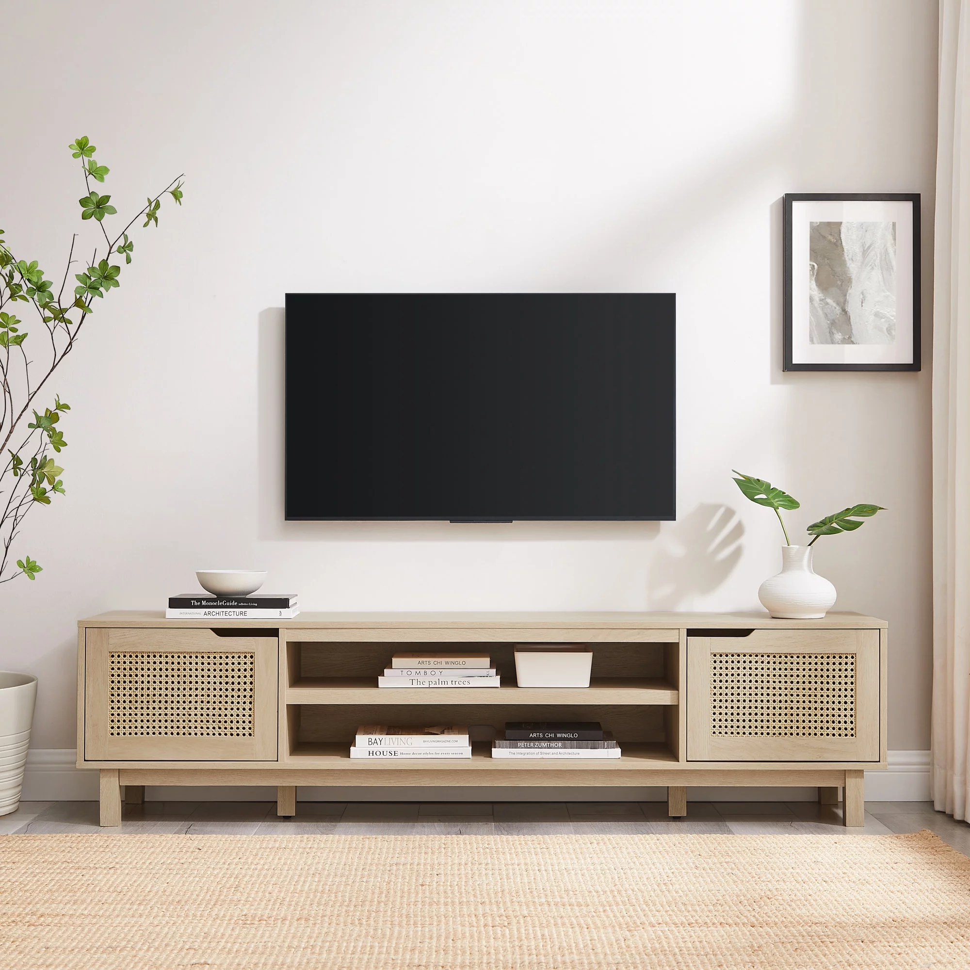 Walker Edison Boho 2-Door Rattan TV Stand for TVs up to 80”, Coastal Oak - Curated Treasures Market