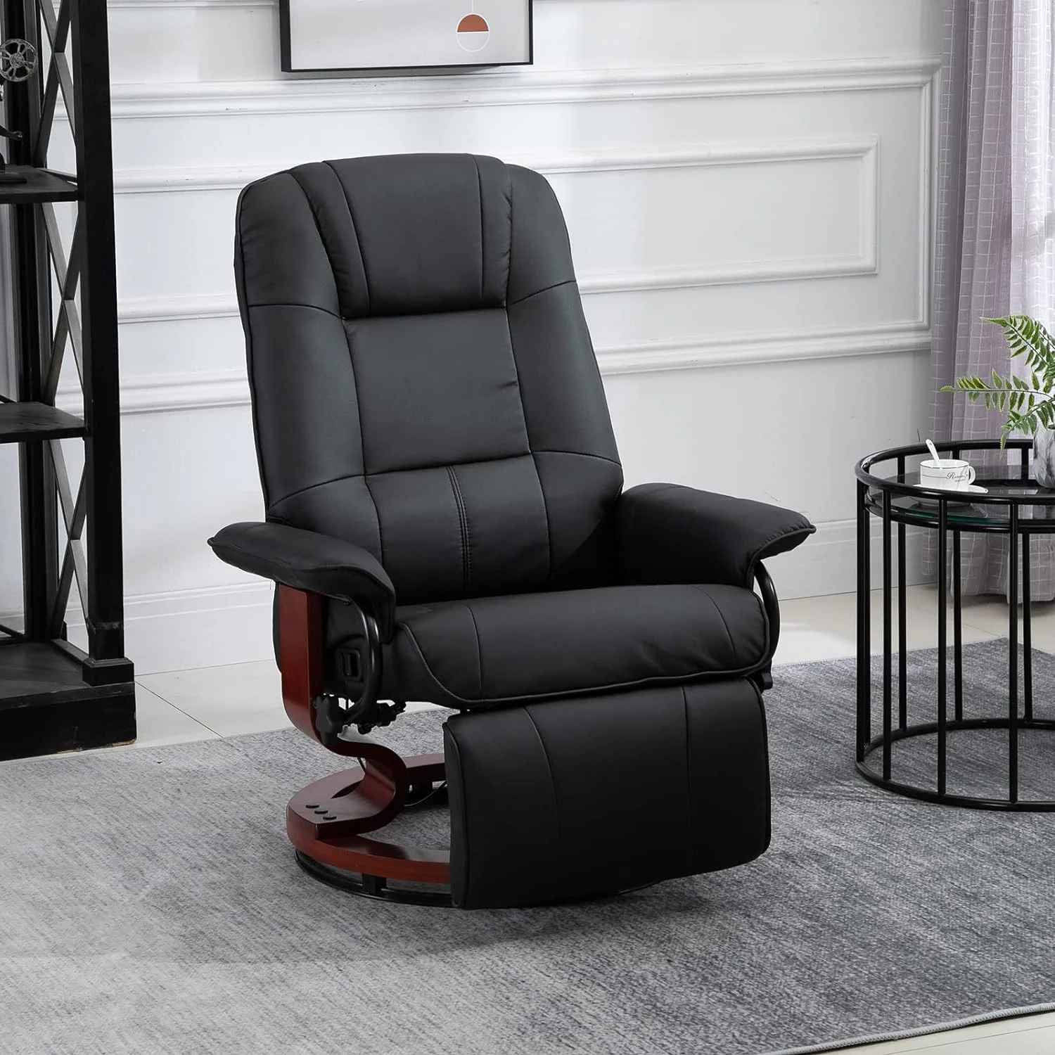 Faux Leather Manual Recliner, Adjustable Swivel Lounge Chair with Footrest, Armrest and Wrapped Wood Base for Living Room, Black - Curated Treasures Market