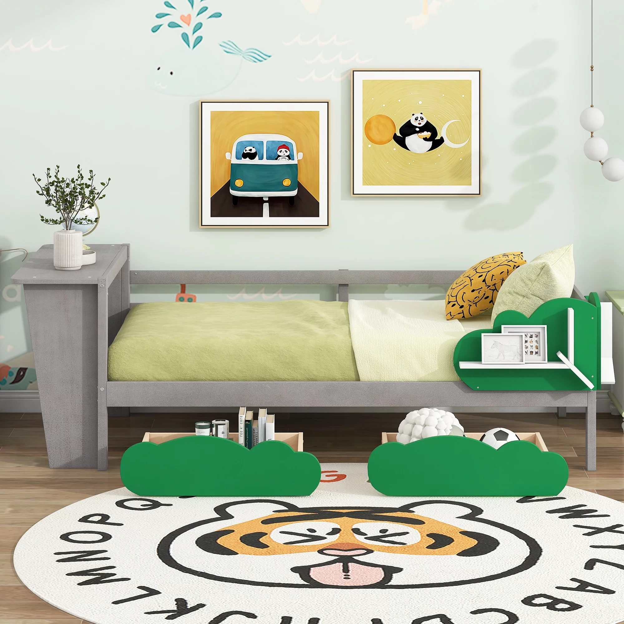 Churanty Twin Size Daybed with Storage Drawers and Desk,Wood Twin Bed Frame with Green Leaf Shape Shelves for Kids Bedroom,Gray - Curated Treasures Market