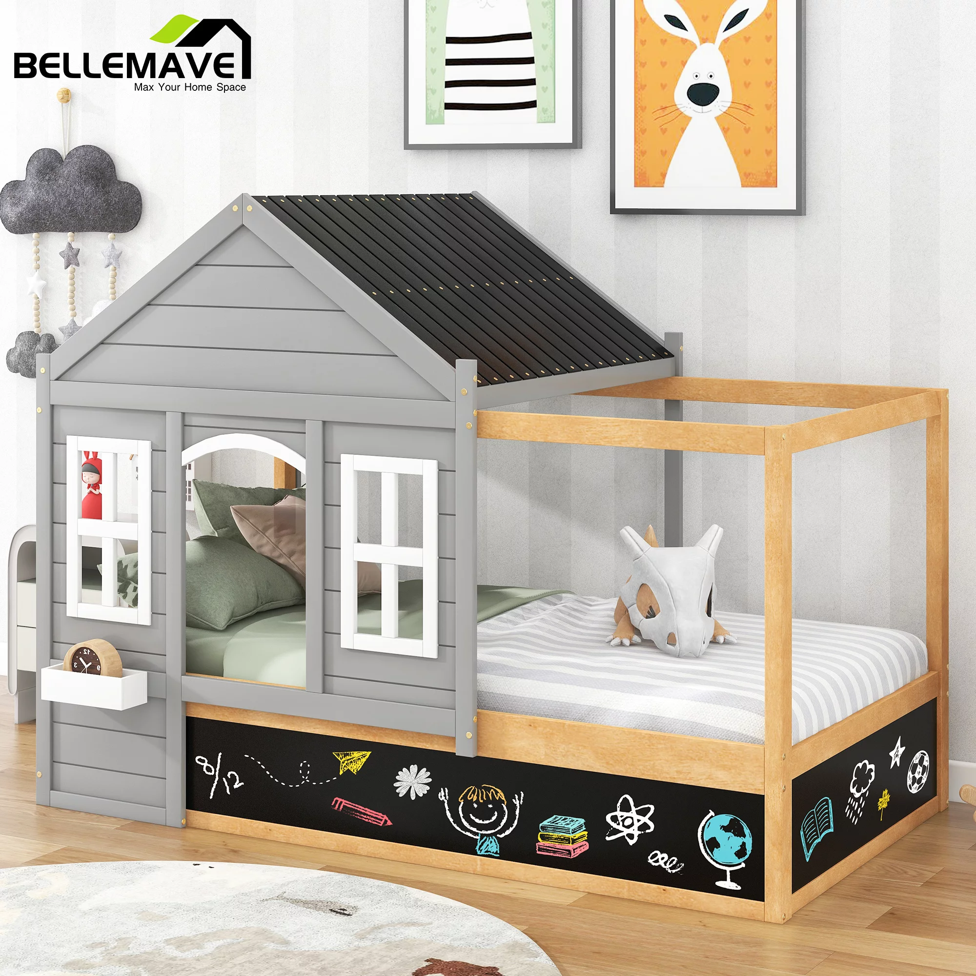 Bellameve Gray Twin Size Kids Canopy Platform Bed with Roof, Window, Blackboard and Little Shelf, Wood House Shaped Kids Platform Bed Daybed for Bedroom Living Room - Curated Treasures Market