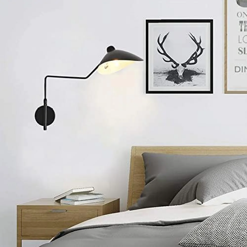 SQHJV Swing Arm Wall Sconce   Black Wall Sconce Modern  Wall Lamp Adjustable Plug in/Hardwired Two-Way  Matte Black Wall Light Fixtures for Living Room Bedroom Vanity Study Desk Office - Curated Treasures Market