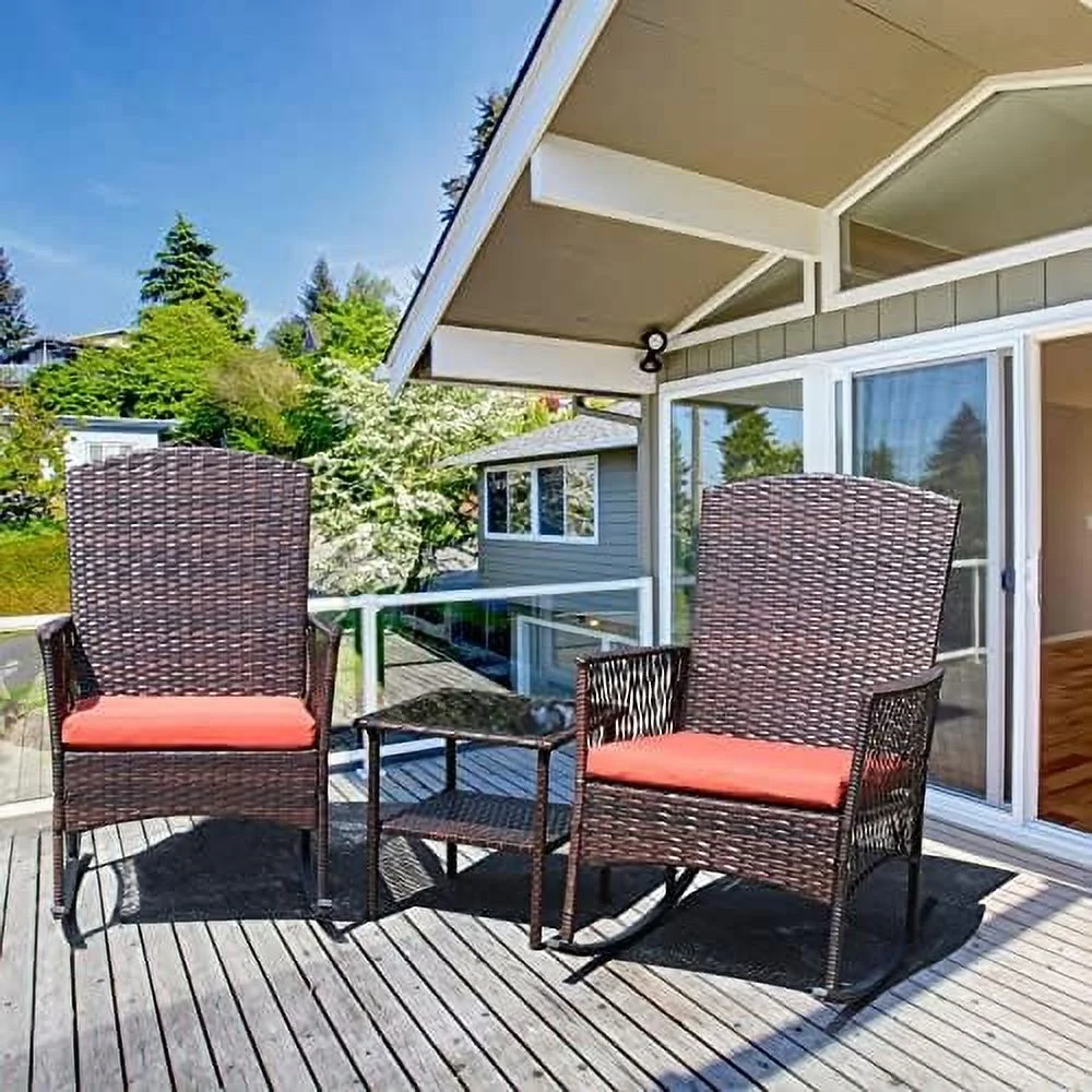 JDZHAPPYLIFE Outdoor Rattan Wicker Rocking Chair 3 Pieces Patio Conversation  Bistro Sets with  and Cushions for Porch Garden and Balcony - Curated Treasures Market