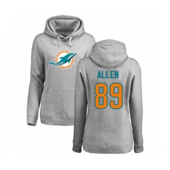 Football Women's Miami Dolphins #89 Dwayne Allen Ash Name & Number Logo Pullover Hoodie