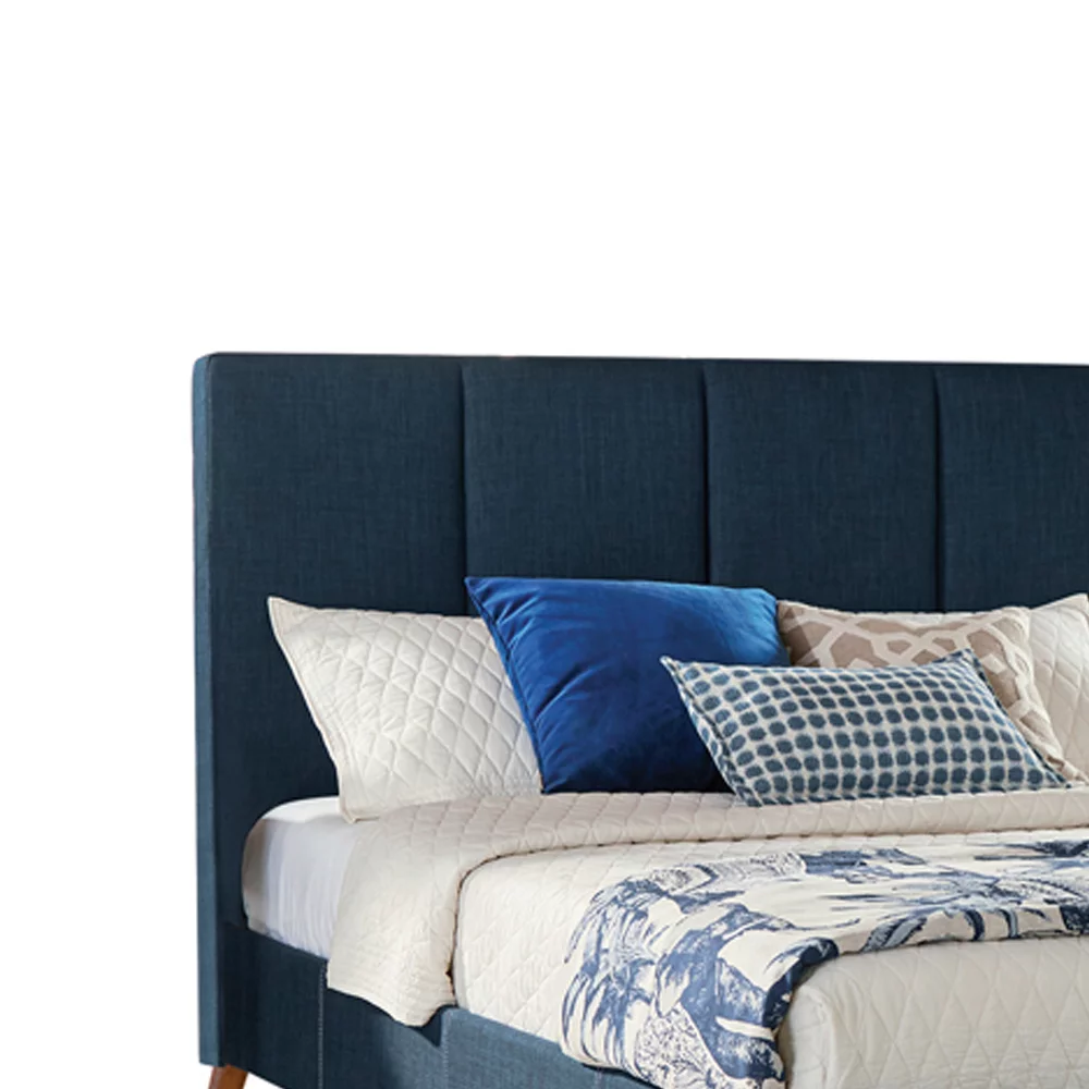 Fabric Upholstered Eastern King Bed with Vertical Stitched Details. Blue