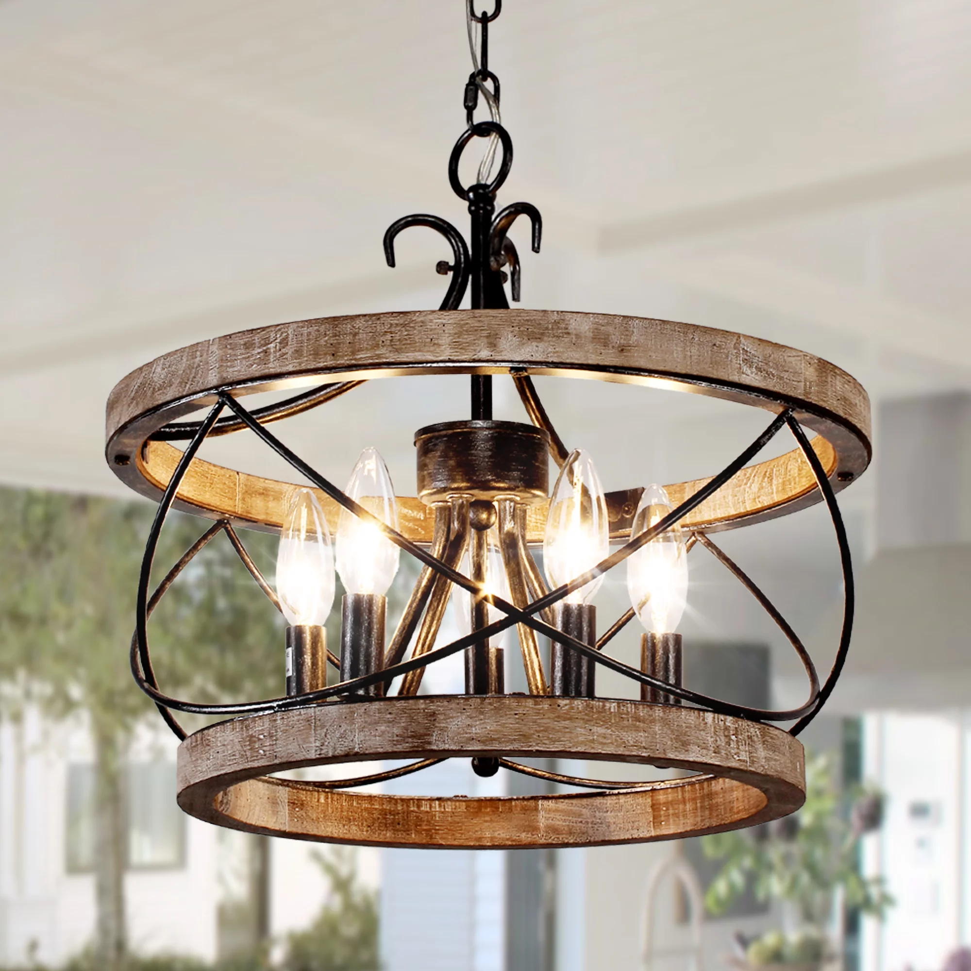 5-Light Rustic Pendant Light Adjustable Height Distressed Wood Caged Chandelier, Bella Depot Dimmable Lighting