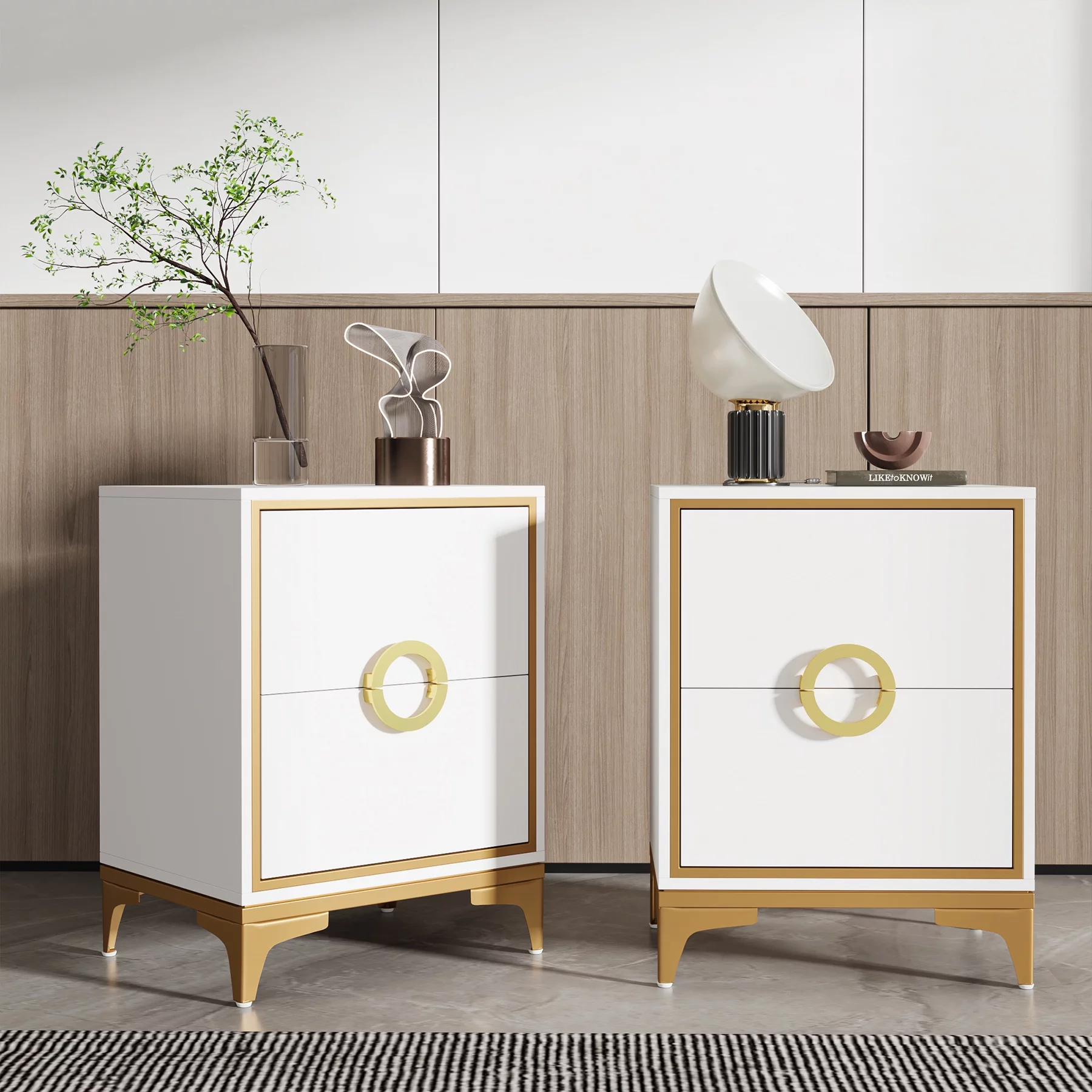 Tribesigns 2-Drawer White and Gold Nightstand, Bedside Table Night Stands for Bedroom - Curated Treasures Market