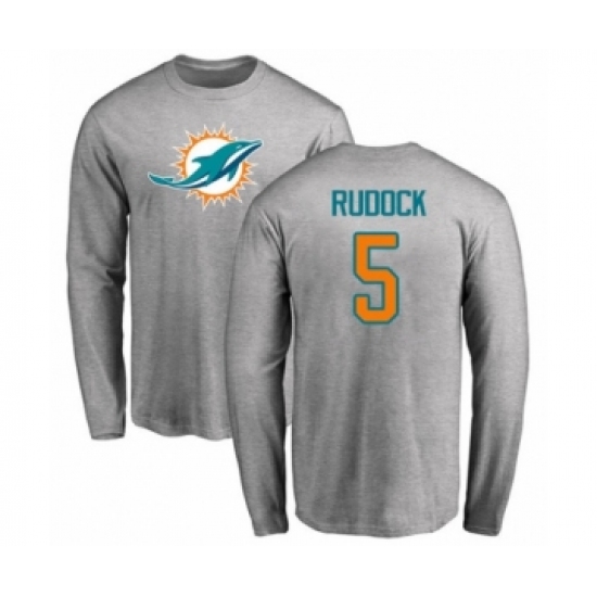 Football Miami Dolphins #5 Jake Rudock Ash Name & Number Logo Long Sleeve T-Shirt