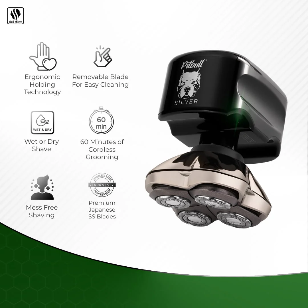 Skull Shaver Pitbull Silver PRO: Electric Head Shaver for Men, Wet & Dry Bald Head Shaver with Ergonomic Design - Perfect Grooming Kit & Gift for Men