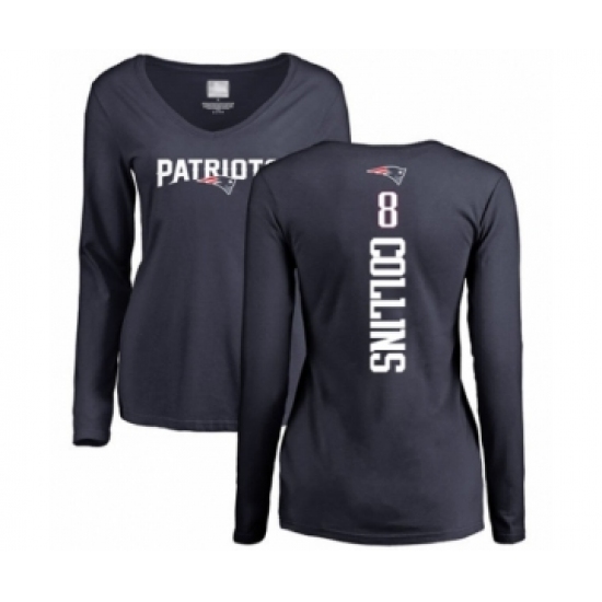 Football Women's New England Patriots #8 Jamie Collins Navy Blue Backer Slim Fit Long Sleeve T-Shirt