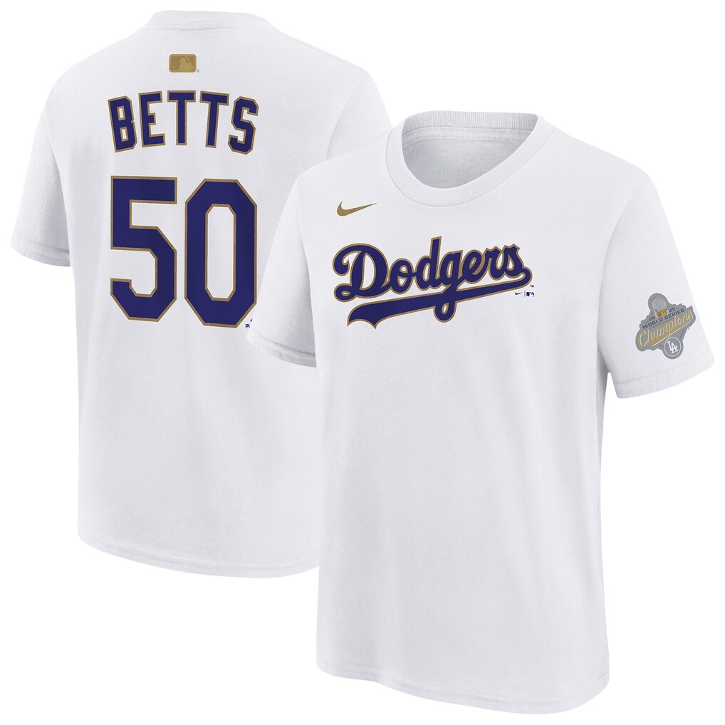 Youth Los Angeles Dodgers Mookie Betts Nike White 2026 Gold Collection Name & Number T-Shirt