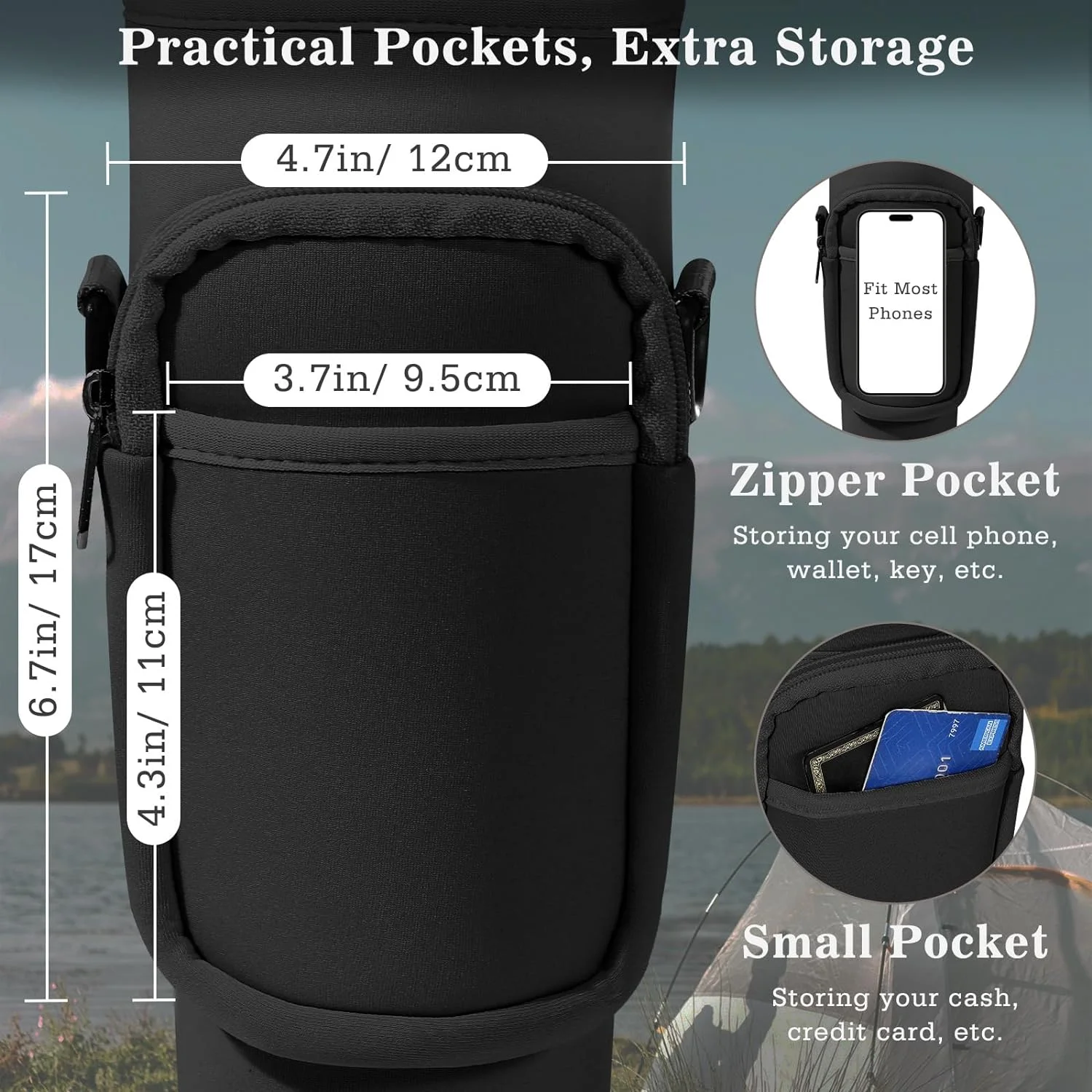 Nuovoware Water Bottle Carrier Bag Fit Stanley Quencher H2.0/Simple Modern, 40OZ Bottle Pouch Holder with Pocket Adjustable Shoulder Strap, Neoprene Water Bottle Holder for Hiking Camping, Black - Curated Treasures Market