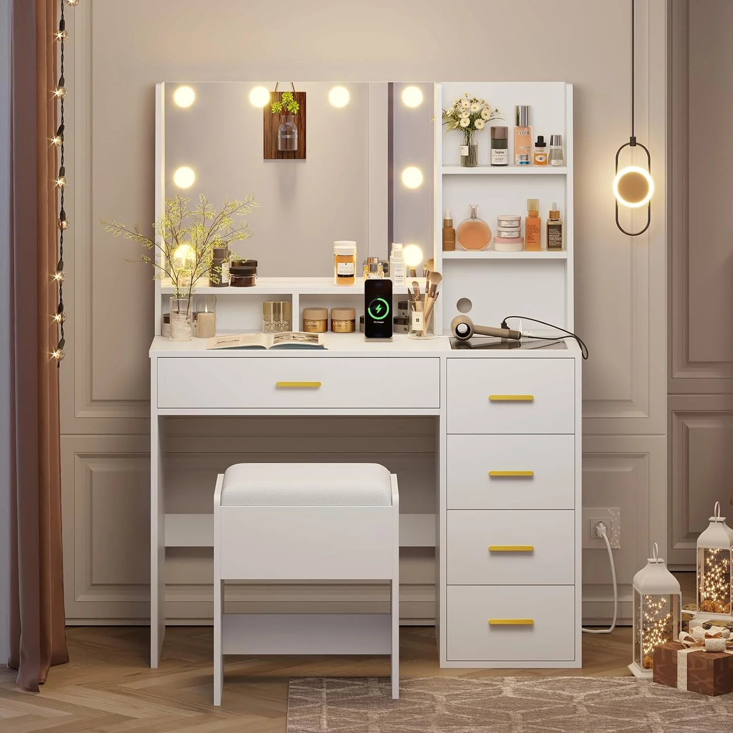 White Vanity Desk with Mirror and Lights,Bedroom Makeup Table Set with Lights & Charging Station,Makeup Desk with Drawers and Storage Shelves and Cushioned Stool - Curated Treasures Market