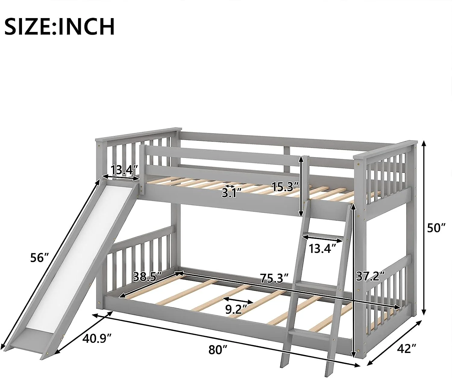 Twin Over Twin Floor Bunk Bed with Slide and Ladder Solid Pine Wood Low Bunkbeds w/Safety Guardrails No Box Spring Needed  Noise Free for Dorm  Bedroom  Guest Room  Gray - Curated Treasures Market