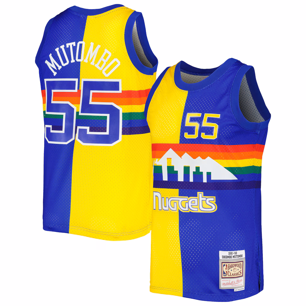 Men's Denver Nuggets Dikembe Mutombo Mitchell & Ness Royal/Gold Hardwood Classics 1991/92 Split Swingman Jersey