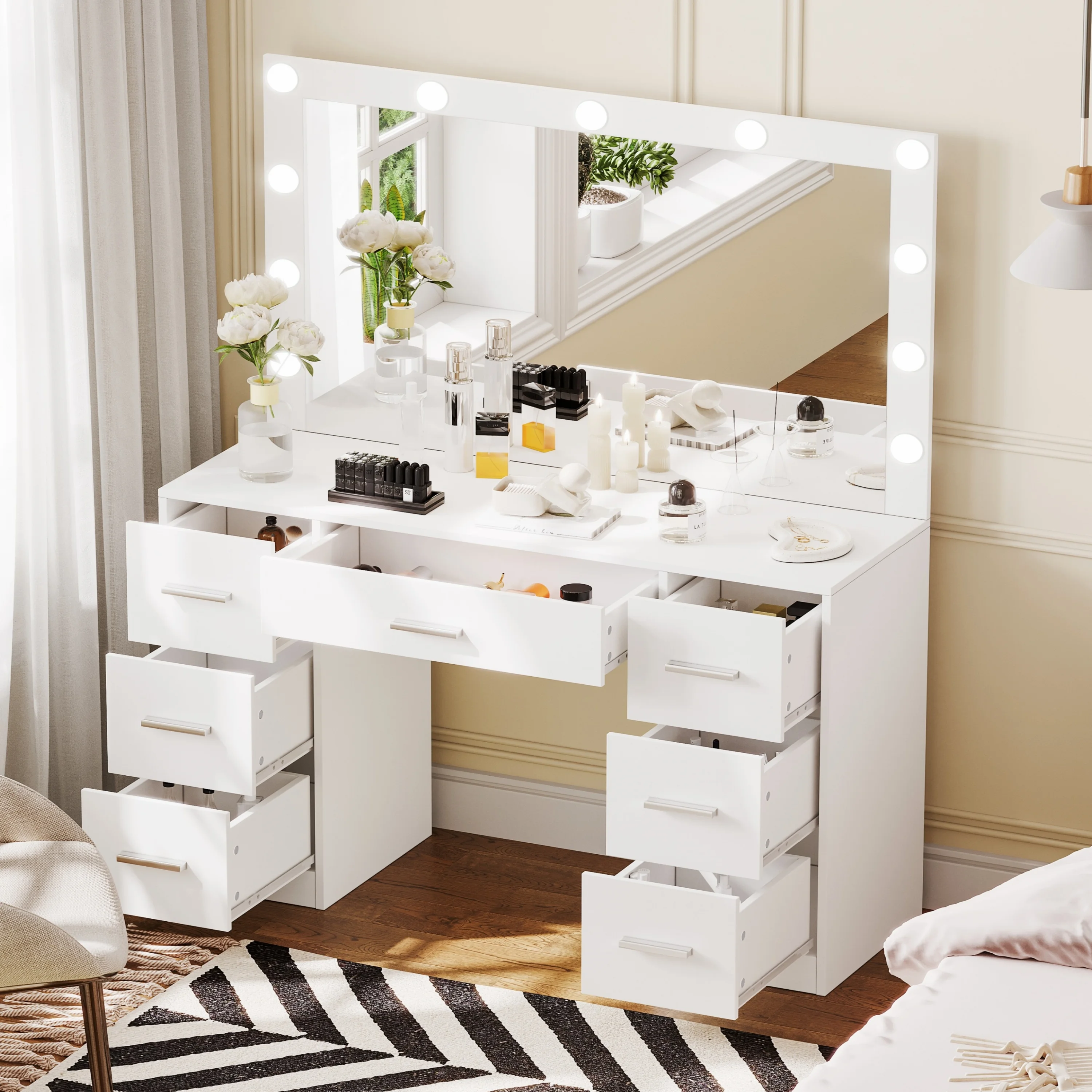 Makeup Vanity Table with Large Mirror and 3-mode Lights, 7-Drawer Dressing Table, Bedroom Makeup Table, White LYVT004W - Curated Treasures Market