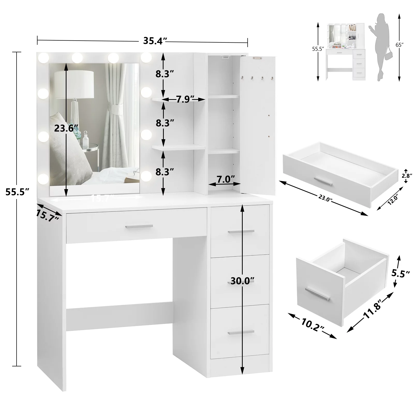 USIKEY Makeup Vanity with Lighted Mirror, Vanity Desk with 4 Drawers and Open Shelves for Bedroom,White YSZT036WD - Curated Treasures Market