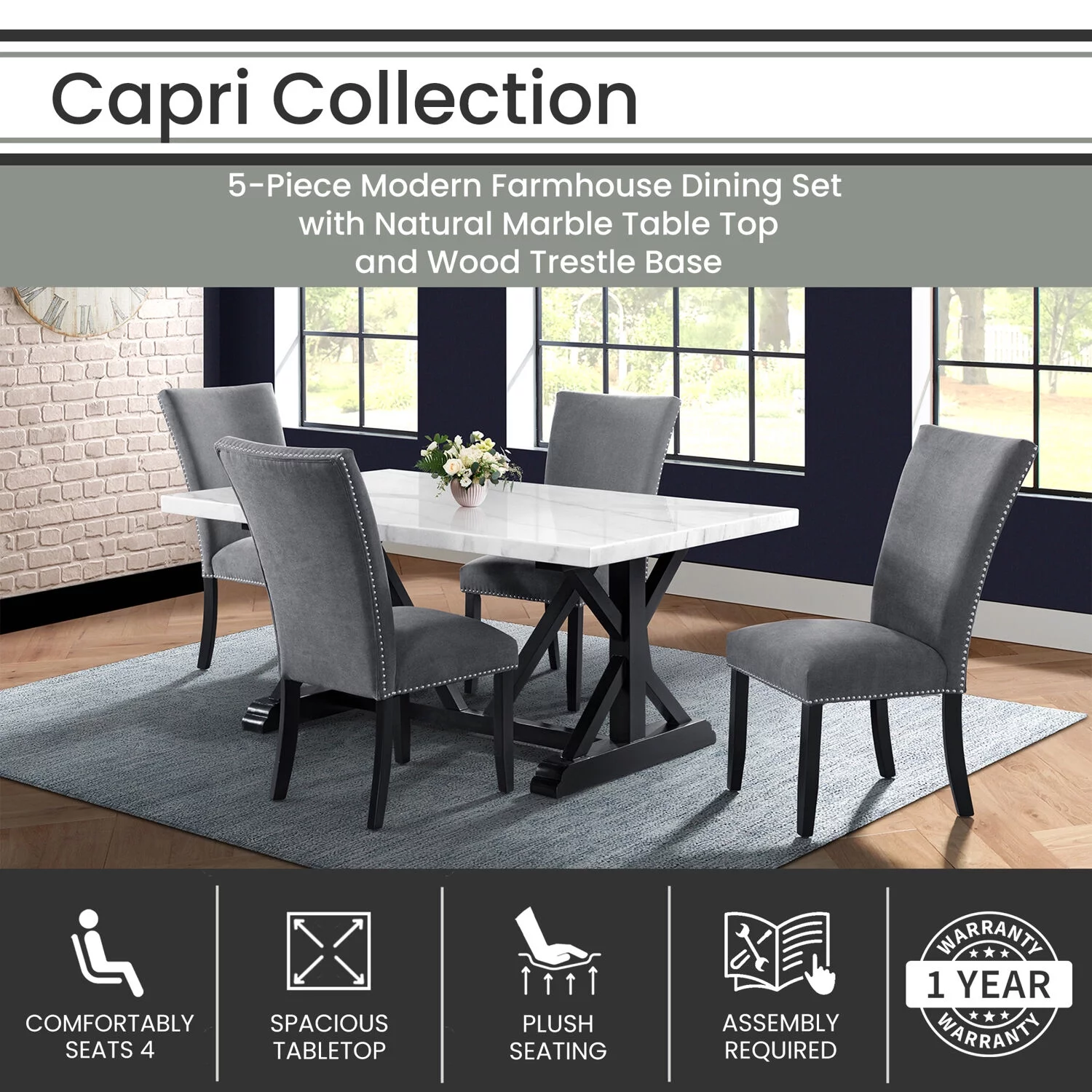 Hanover Capri 5-Piece Dining Room Set with Natural White Marble Top Trestle Table and 4 Side Chairs | Modern Luxury Furniture for Home | Gray Upholstered Chairs | Acacia Wood Base | HDR015-5PC-WHT - Curated Treasures Market