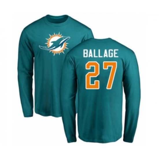 Football Miami Dolphins #27 Kalen Ballage Aqua Green Name & Number Logo Long Sleeve T-Shirt