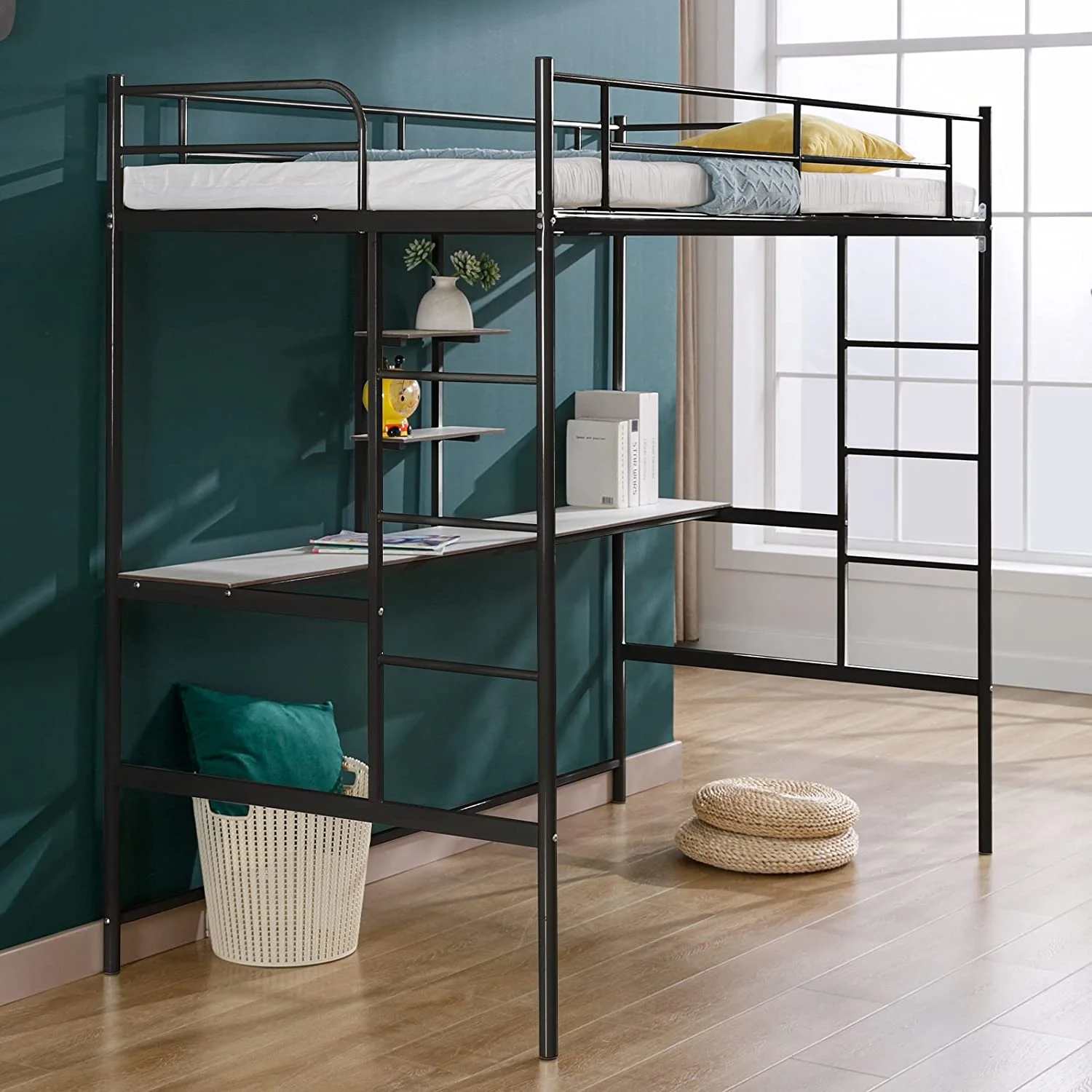 Cuoote Twin Size Metal Loft Bed with Desk, 2 Storage Shelves, Safety Ladder, and Guard Rail, Space-Saving Design, No Box Spring Needed, Black - Curated Treasures Market
