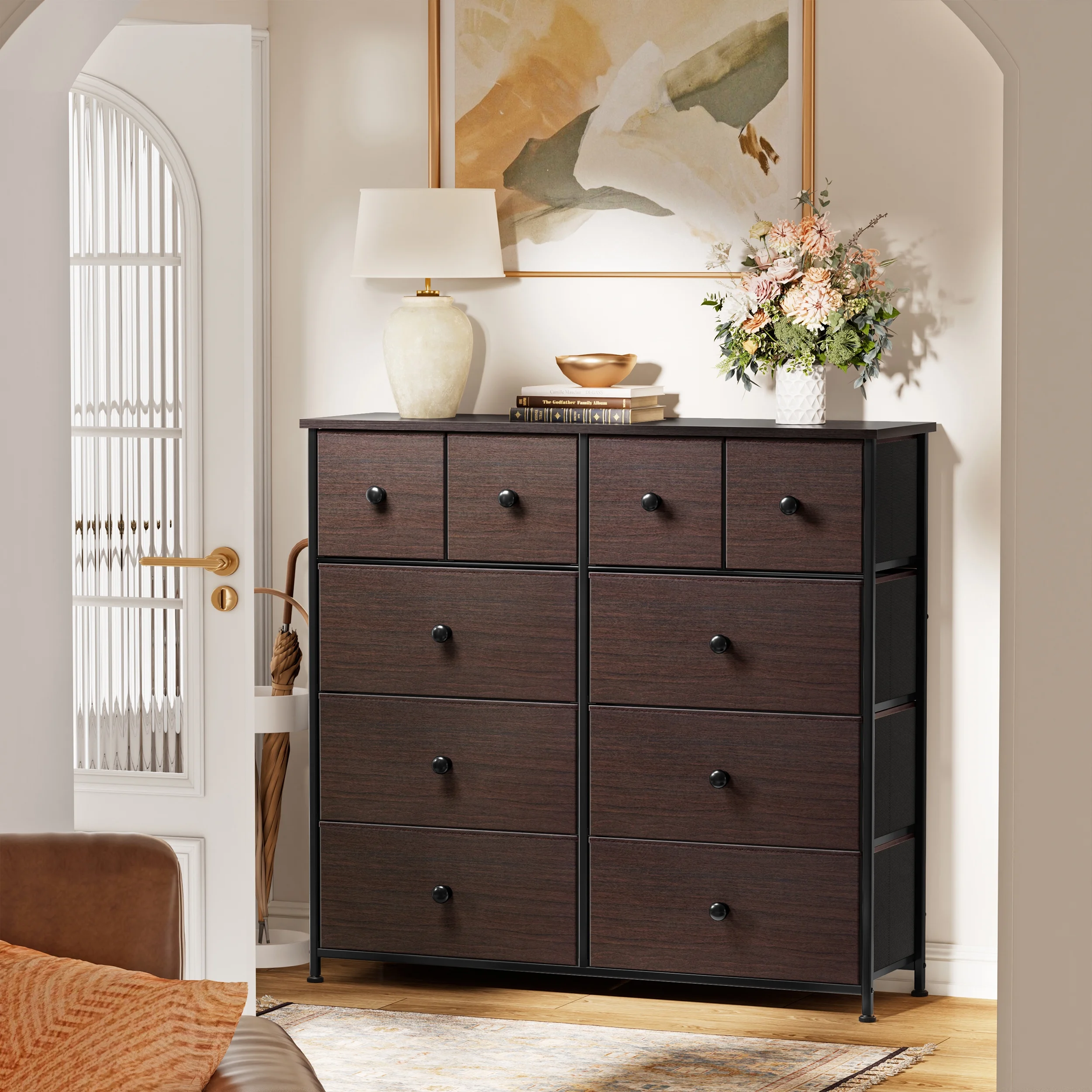 GUNAITO Dressers for Bedroom with 10 Drawer Fabric Chest of Drawers Storage Drawer Unit Tower Luxury Leather Finish Dark Brown