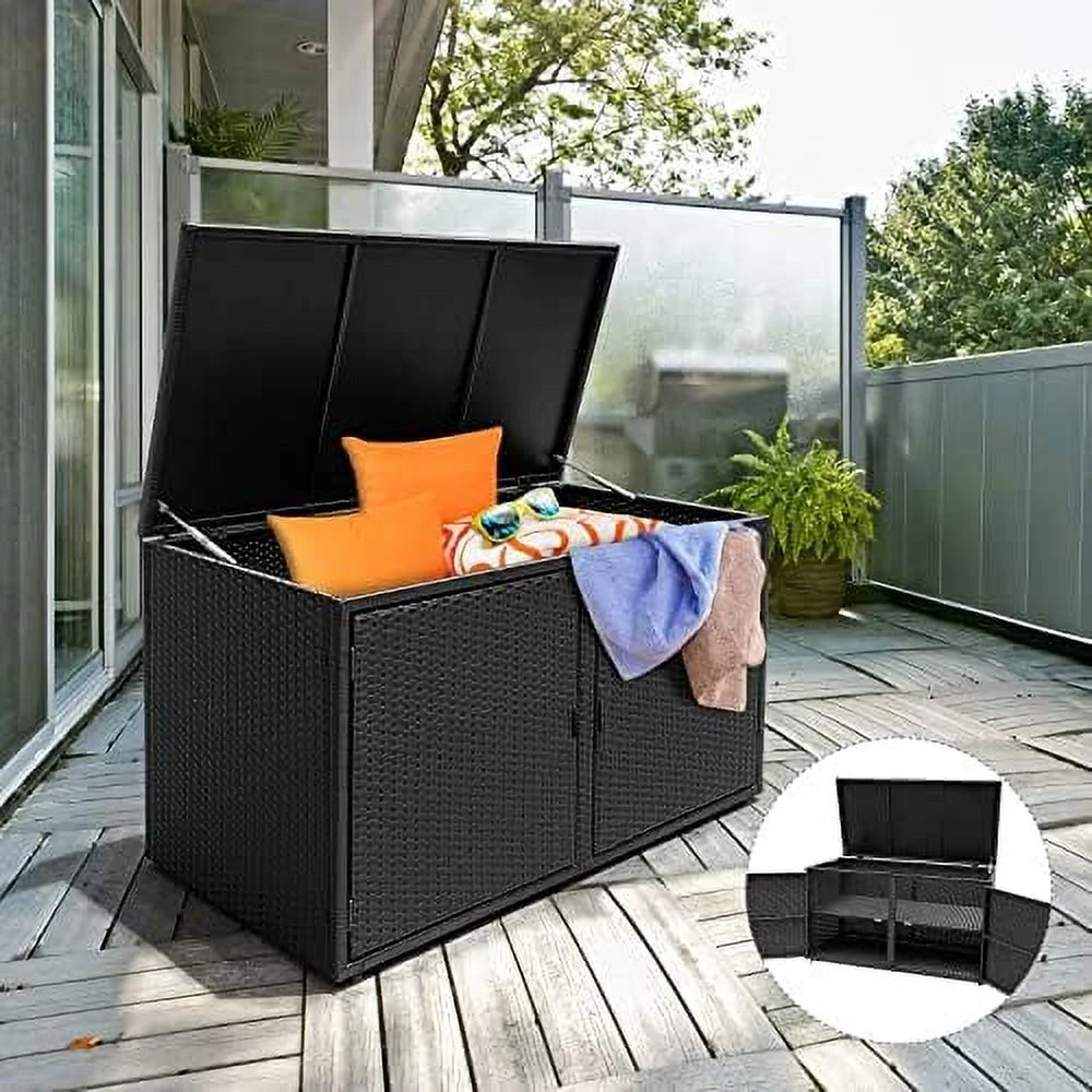NTTBOBOEC Outdoor Wicker  Box  Garden Deck Bin with Steel Frame  Rattan Pool  Box with Lid  Ideal for Storing Tools  Accessories and Toys  88 Gallon Capacity (Black) - Curated Treasures Market