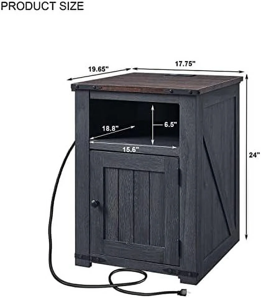 SJOINGB Nightstand with Charging Station  20" Farmhouse End Table w/Groove Barn Door  Rustic Wood Sofa Side Bedside Table w/Open & Adjustable Shlef for Bedroom  Living Room  Dark - Curated Treasures Market