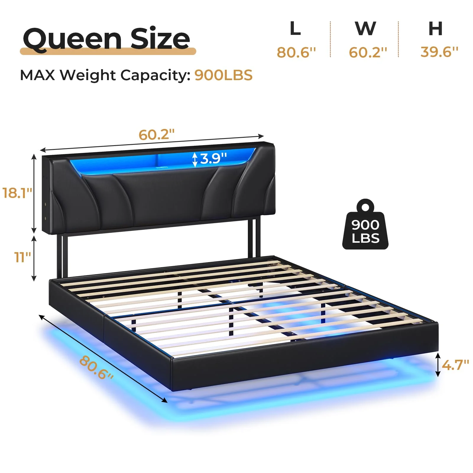 Afuhokles Queen Floating Bed Frame with Storage Headboard and LED Lights, Type-C and USB Port Upholstered Platform Bed, Black