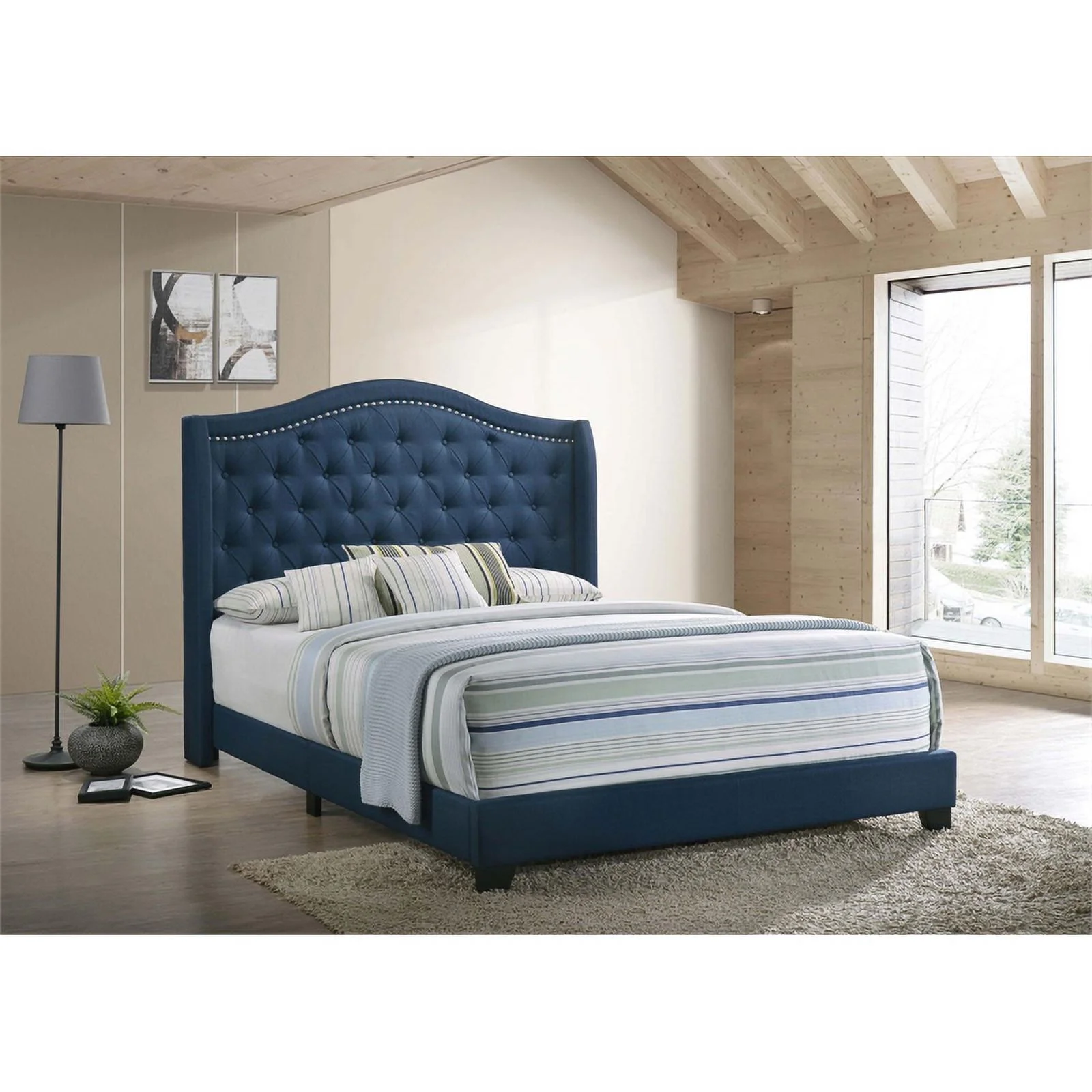 Pemberly Row Fabric Upholstered Camel Headboard Full Bed in Blue