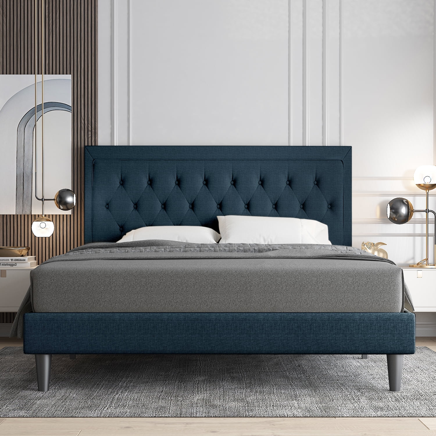 Allewie Queen Size Bed Frame Upholstered Platform Bed with Adjustable Headboard, Box Spring not Needed, Dark Grey
