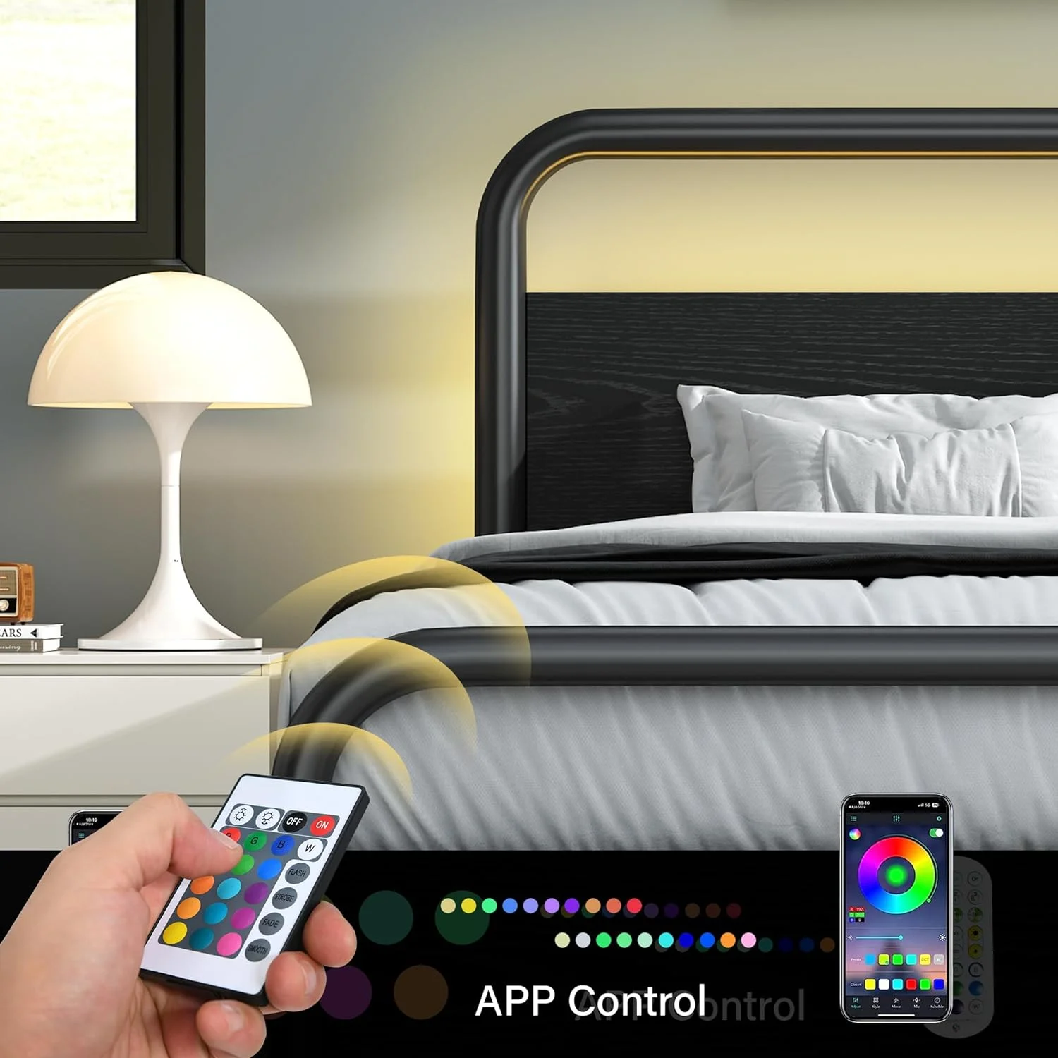 4 EVER WINNER Twin Size Bed Frame with LED Light Headboard, LED Platform Metal Bed Frame with Rustic Wooden Headboard, Black - Curated Treasures Market