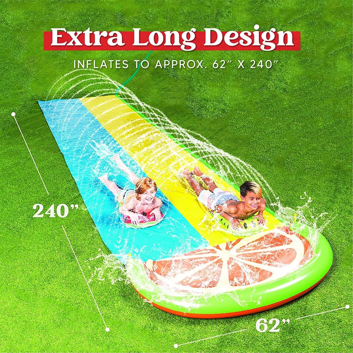 Terra 20ft Unique Slip and Slide 2 Person Deluxe Water Slides with 2 Boogie Boards Outdoor Waterslide 2 Sliding Racing Lanes with Sprinklers Summer Toy For teens 20ft x 62in, Passion Orange