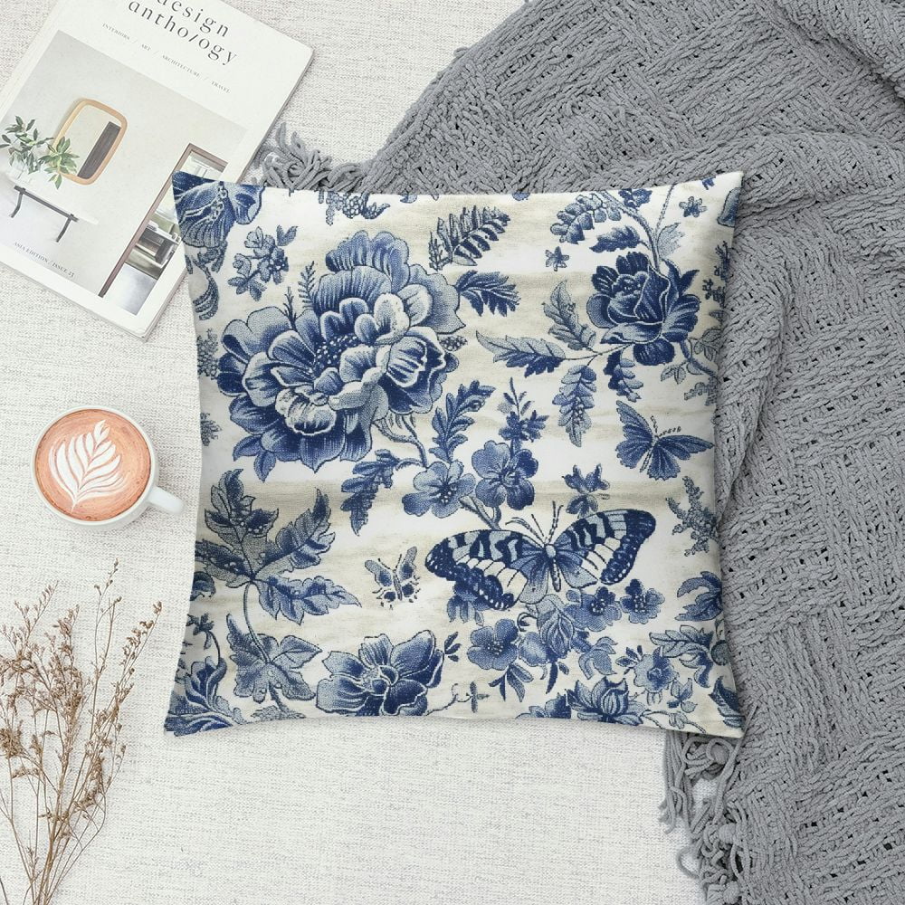 Awypu Blue and White Porcelain Floral Pillow Covers Modern Vintage Chinoiserie Decorative Throw Pillow Covers Soft Elegant Couch Cushion Cover for Bed Living Room Outdoor Sofa,18 x 18 Inch - Curated Treasures Market