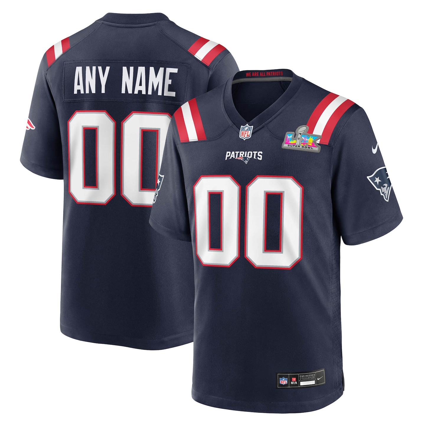 Men's New England Patriots Nike Navy Super Bowl LX Patch Custom Game Jersey