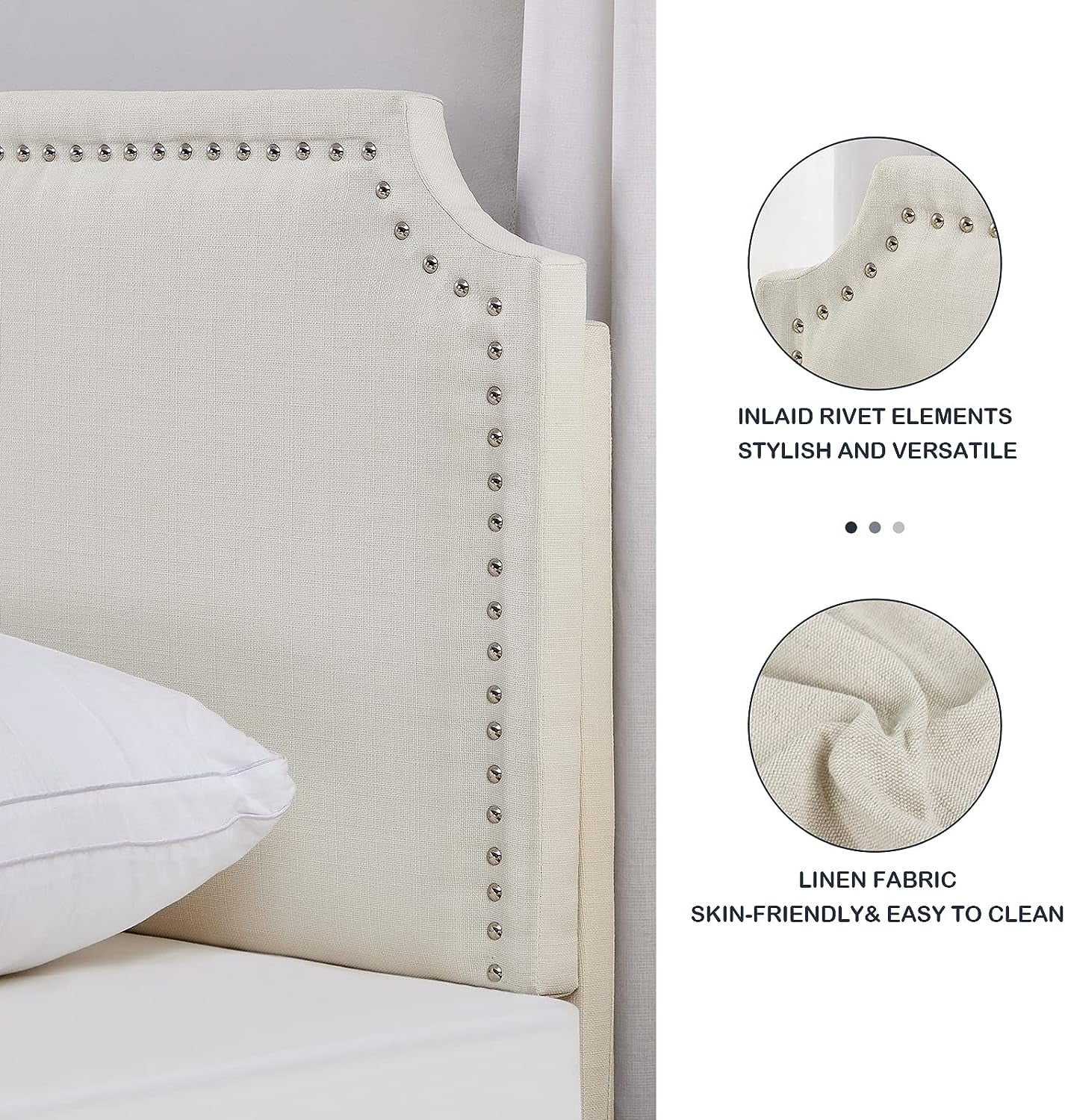 Sutaifuri Full Size Platform Bed Frame, Linen Fabric Upholstered Bed with Nailhead Trim Adjustable Headboard