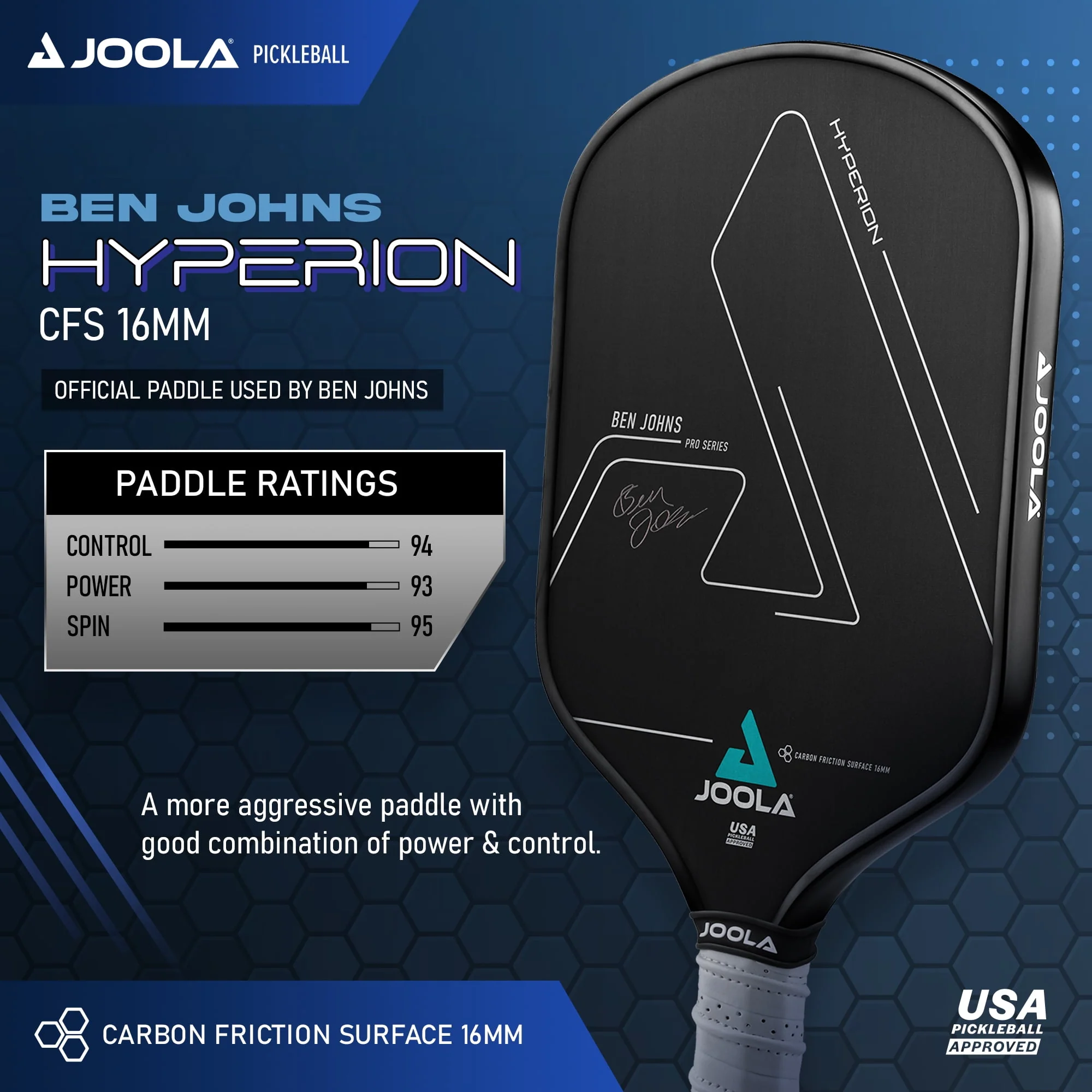 JOOLA Ben Johns Hyperion CFS 16mm Pickleball Paddle, Elongated Handle, Black Carbon Surface