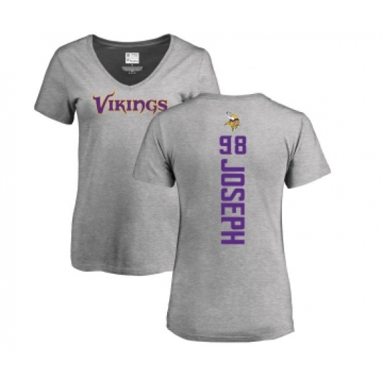 Football Women's Minnesota Vikings #98 Linval Joseph Ash Backer V-Neck T-Shirt