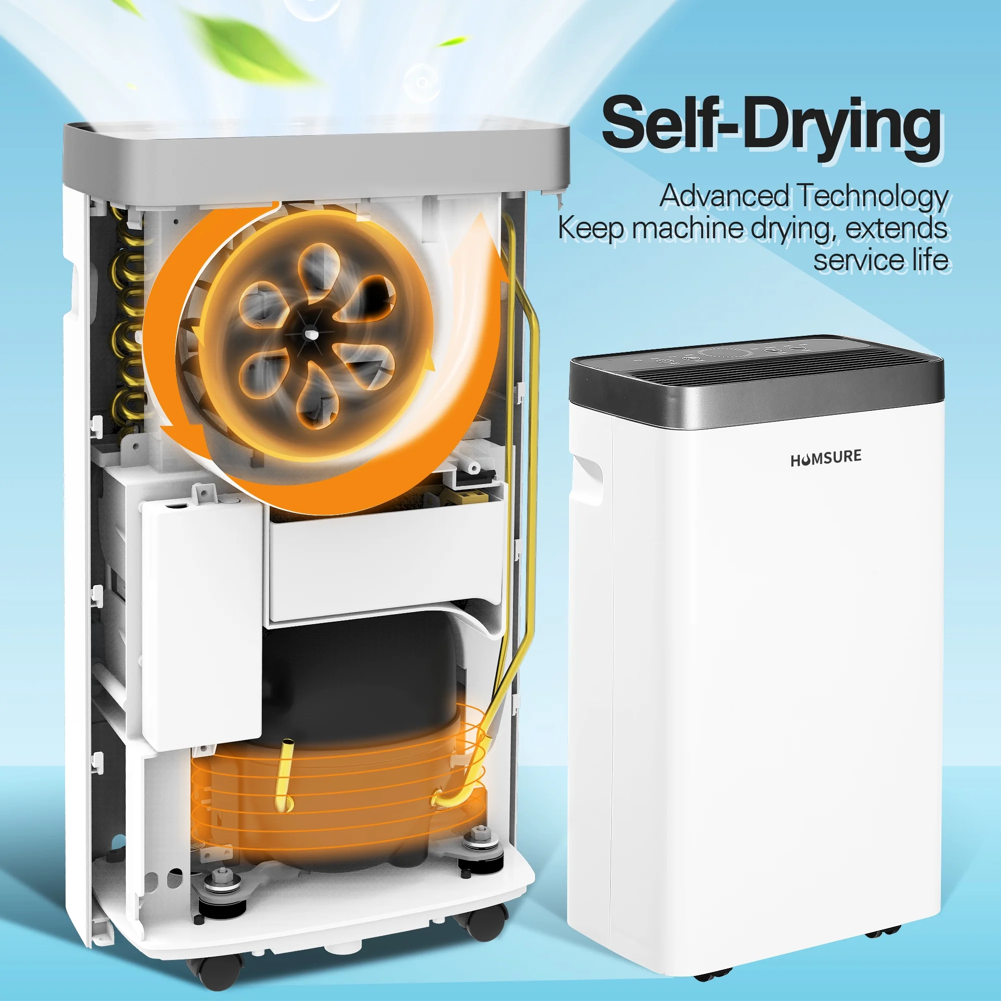 HUMSURE 22 Pints Protable Dehumidifier for Basement and Home with Drain Hose, Spaces up to 1500 Sq Ft, Max Moisture Removal 30 Pints (95 F, 95% RH)