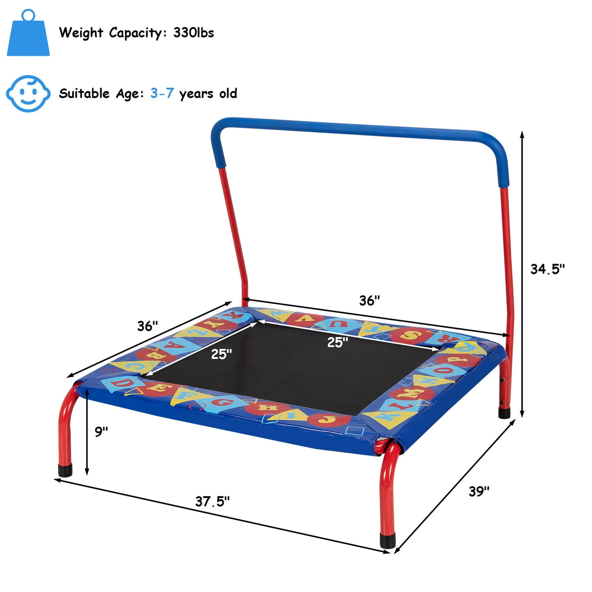 Gymax 36'' Kids Square Trampoline Indoor Outdoor Rebounder W/Foam Handrail Alphabet Pad