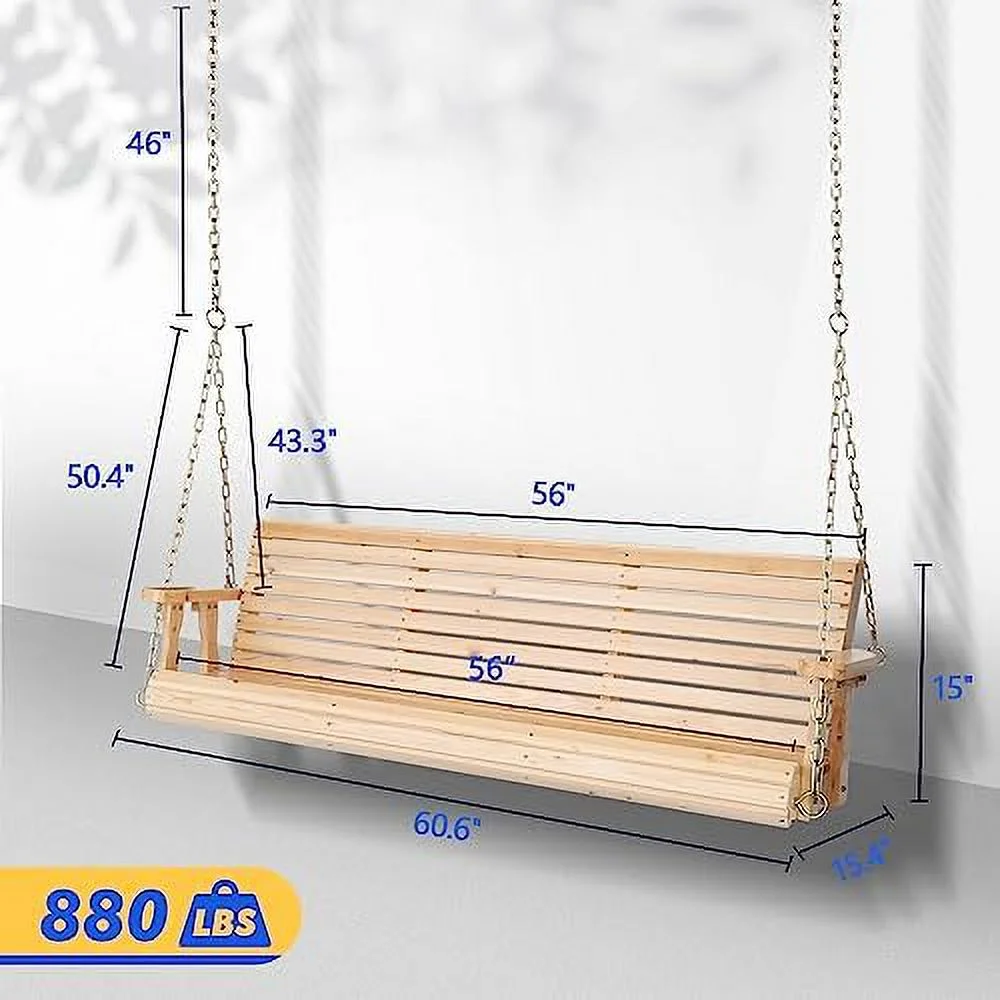 SQSFCB Upgraded Patio Wooden Porch Swing for Courtyard & Garden  Heavy Duty 880 LBS Swing Chair Bench with Hanging Chains for Outdoors (5 FT  White) - Curated Treasures Market