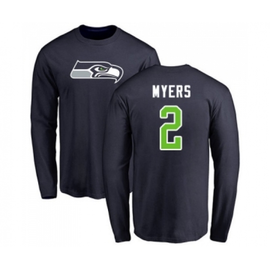 Football Seattle Seahawks #2 Jason Myers Navy Blue Name & Number Logo Long Sleeve T-Shirt