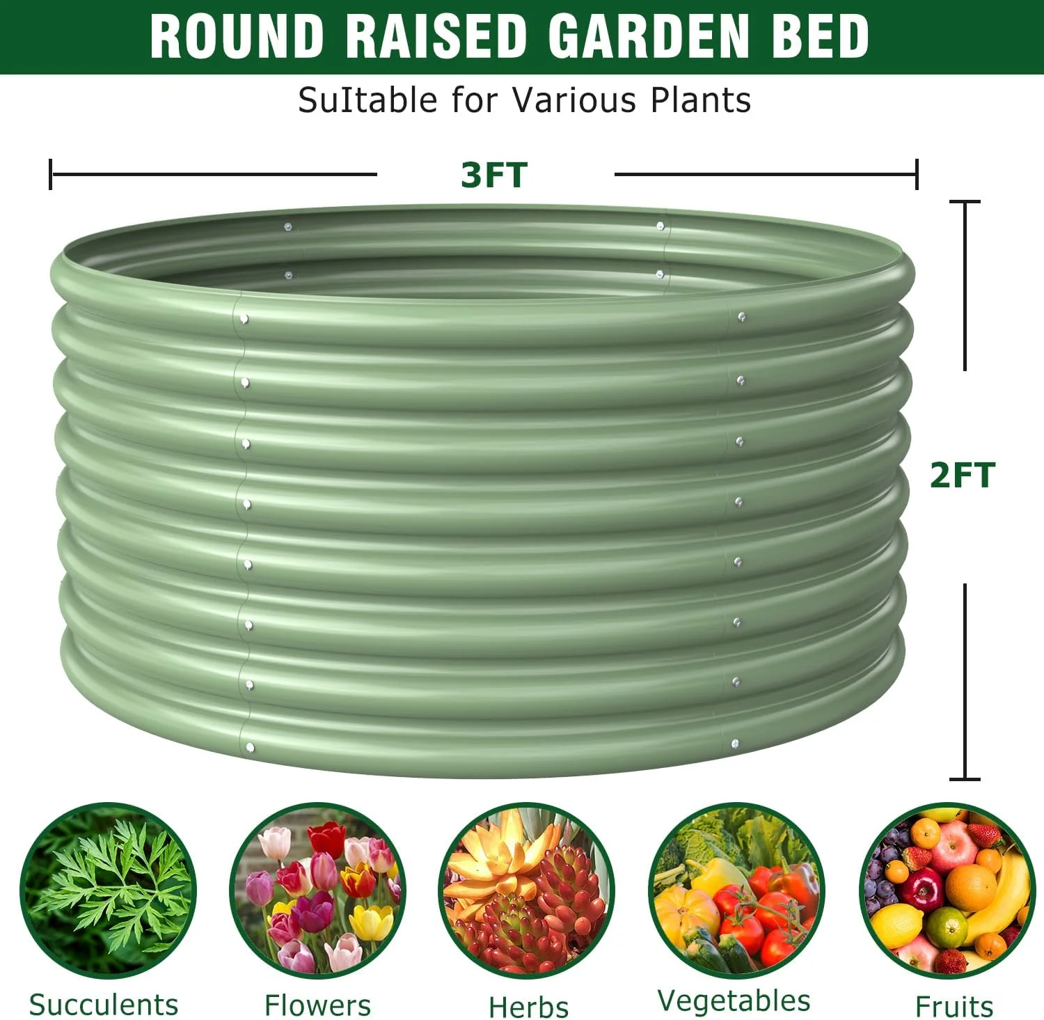2-Pack 3FT(D) x2FT(H) Round Galvanized Raised Garden Bed Outdoor, Metal Raised Garden Beds for Flower, Raised Planter Box Outdoor for Herb, Vegetable-Light Green - Curated Treasures Market