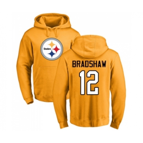 Football Pittsburgh Steelers #12 Terry Bradshaw Gold Name & Number Logo Pullover Hoodie