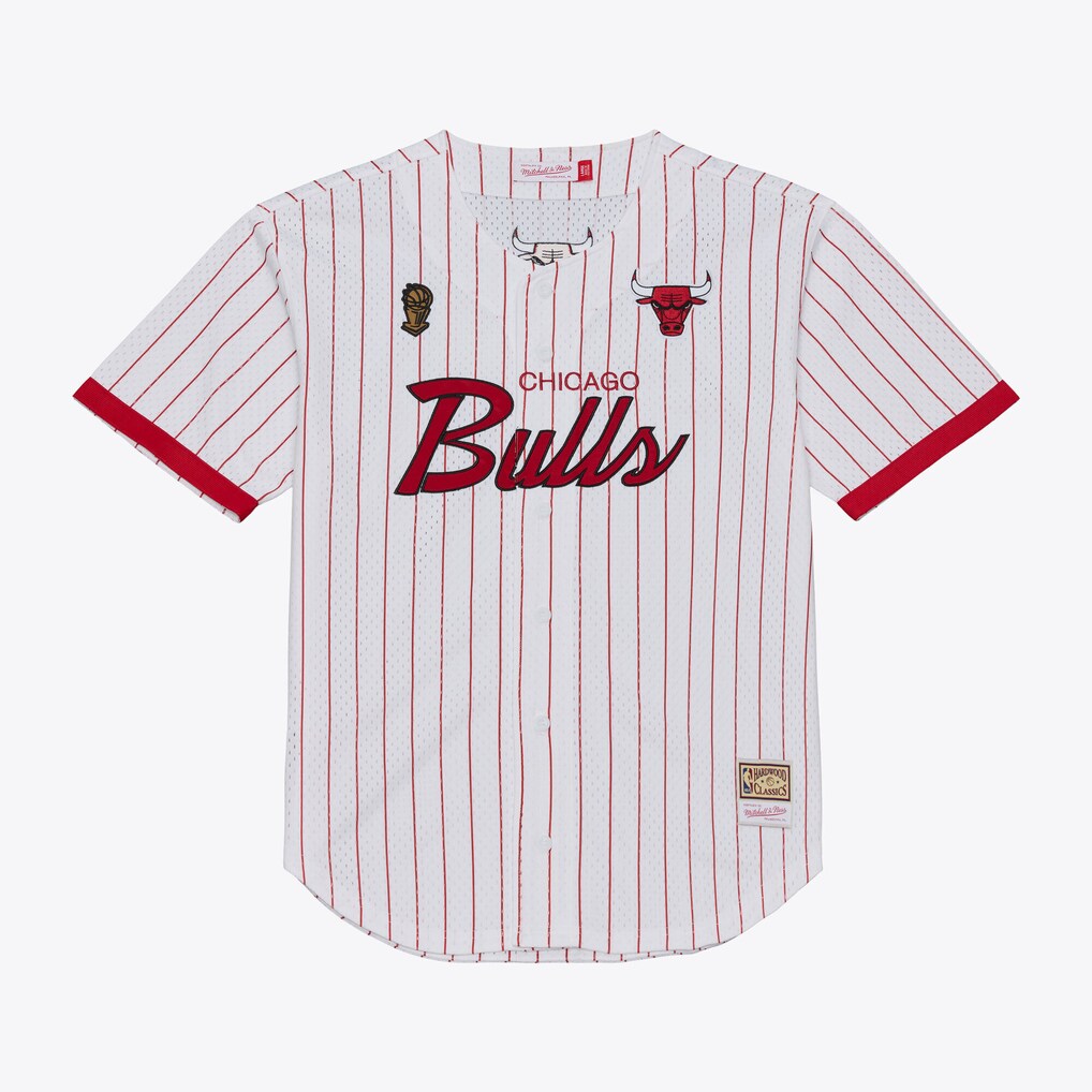 Men's Chicago Bulls Mitchell & Ness White Head Coach Pinstripe Mesh Full-Button Baseball Jersey