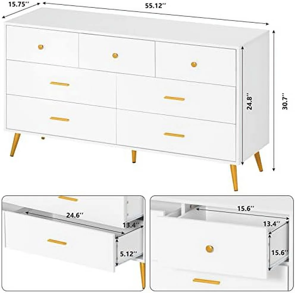 6 Drawer Dresser for Bedroom   White Wood Dresser with Wide Drawers and Metal Handles  Long Chest of Drawers for Living Room Hallway Entryway  White - Curated Treasures Market