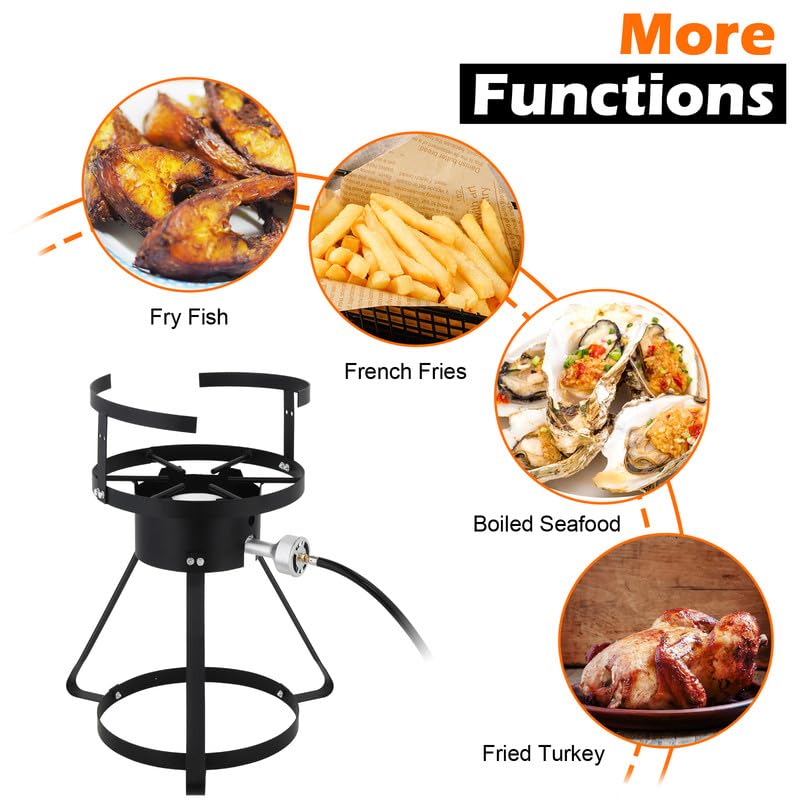 Outdoor Fryer Turkey Fryer 13 * 32 inch 4-Piece fryer Set with Black Round Iron Stove Frame Outdoor Burner Silver Aluminum 30qt Turkey Pot 10qt Fish Pot, Gas Fryer for Home Kitchen Restaurant