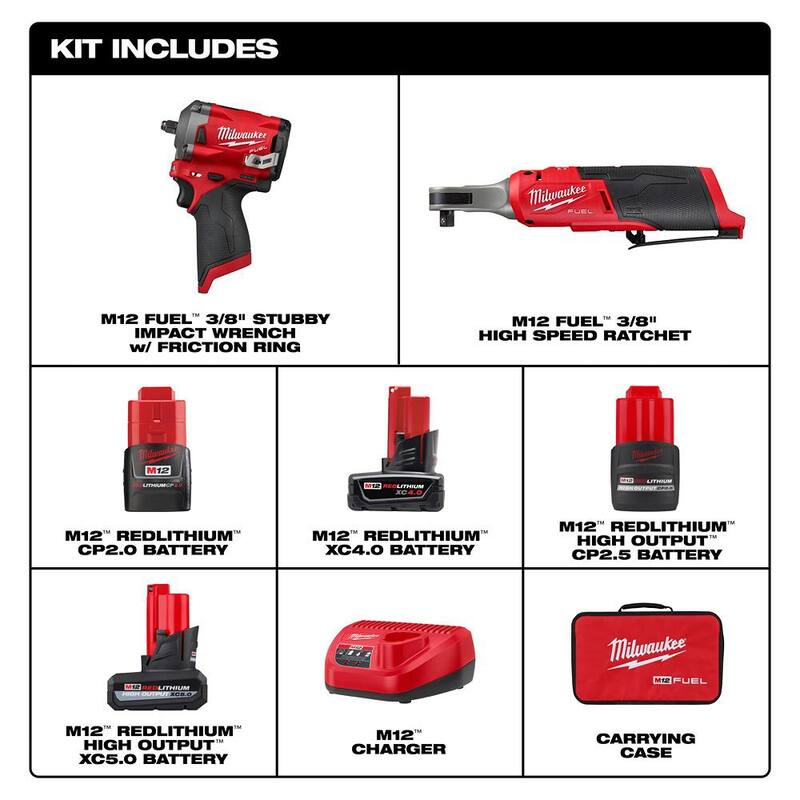 M12 FUEL 12V Lithium-Ion Brushless Cordless 3/8 in. Impact Wrench Kit & 3/8 in. Ratchet w/5.0 Ah & 2.5 Ah Batteries