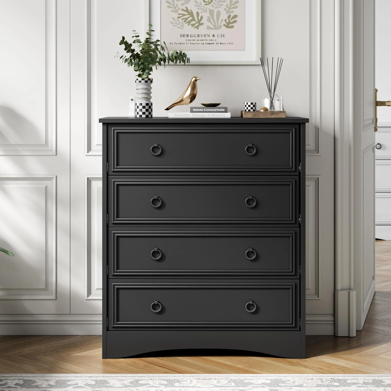 LGHM 4 Drawer Dresser, Modern Wood Chest Dresser for Bedroom Livingroom Gray