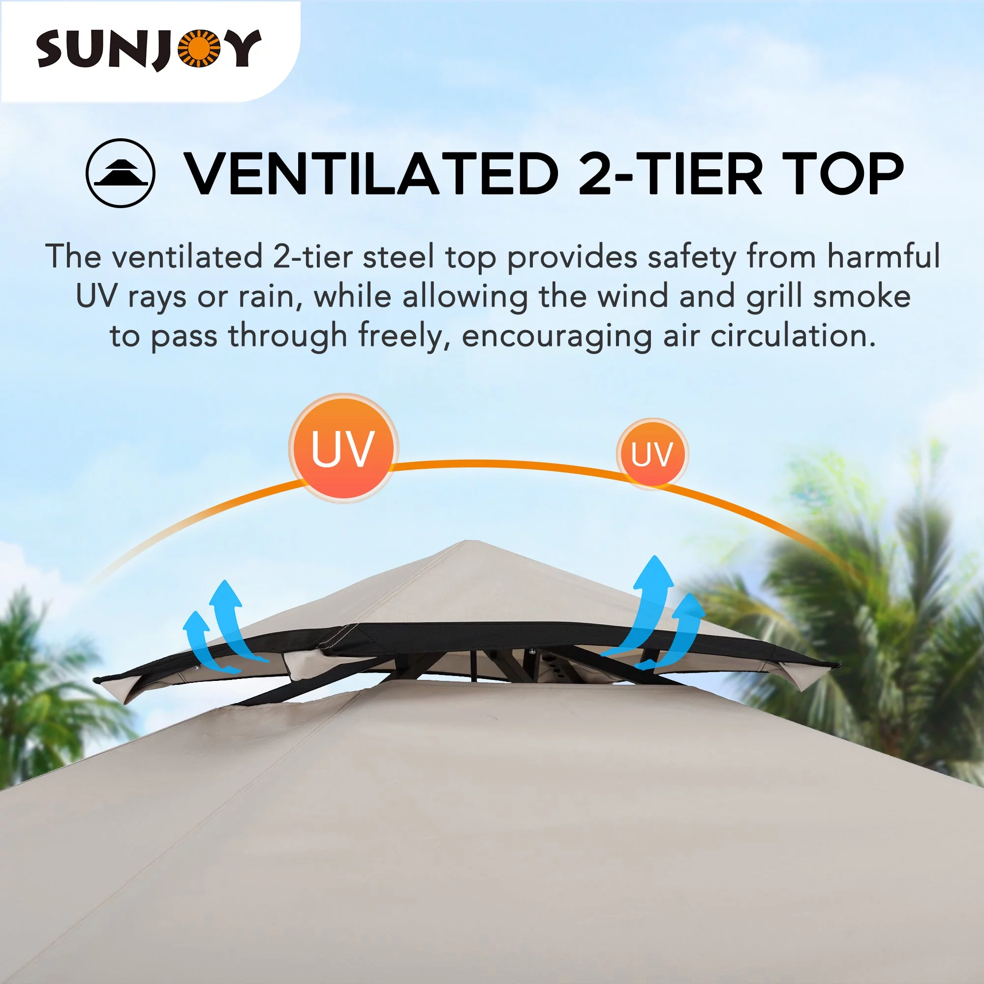 Sunjoy Orville 5 ft. x 8 ft. Black Steel 2-tier Grill Gazebo with Beige and Black Canopy - Curated Treasures Market