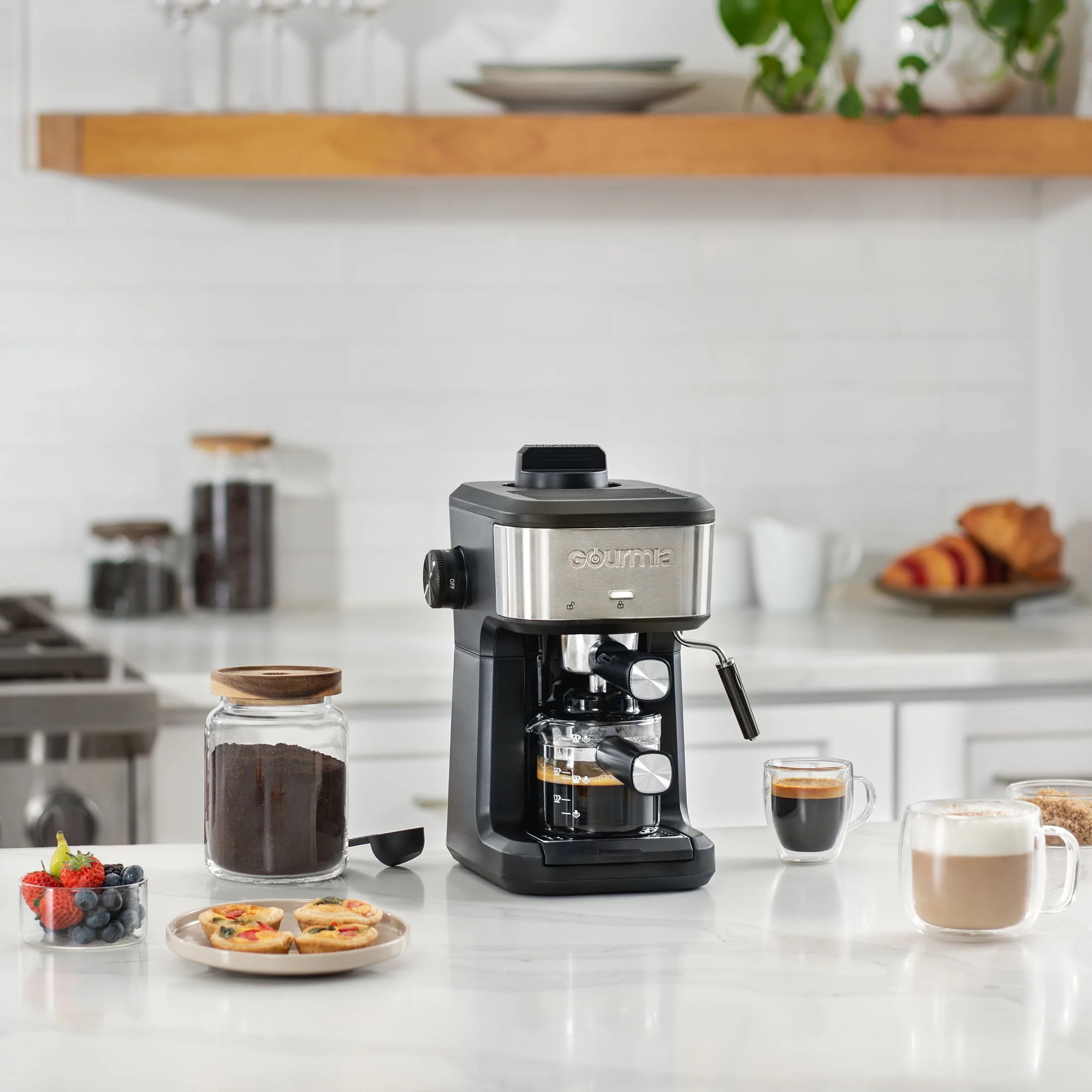 New Gourmia 4-Shot Steam Espresso, Cappuccino, and Latte Maker with Frothing Wand