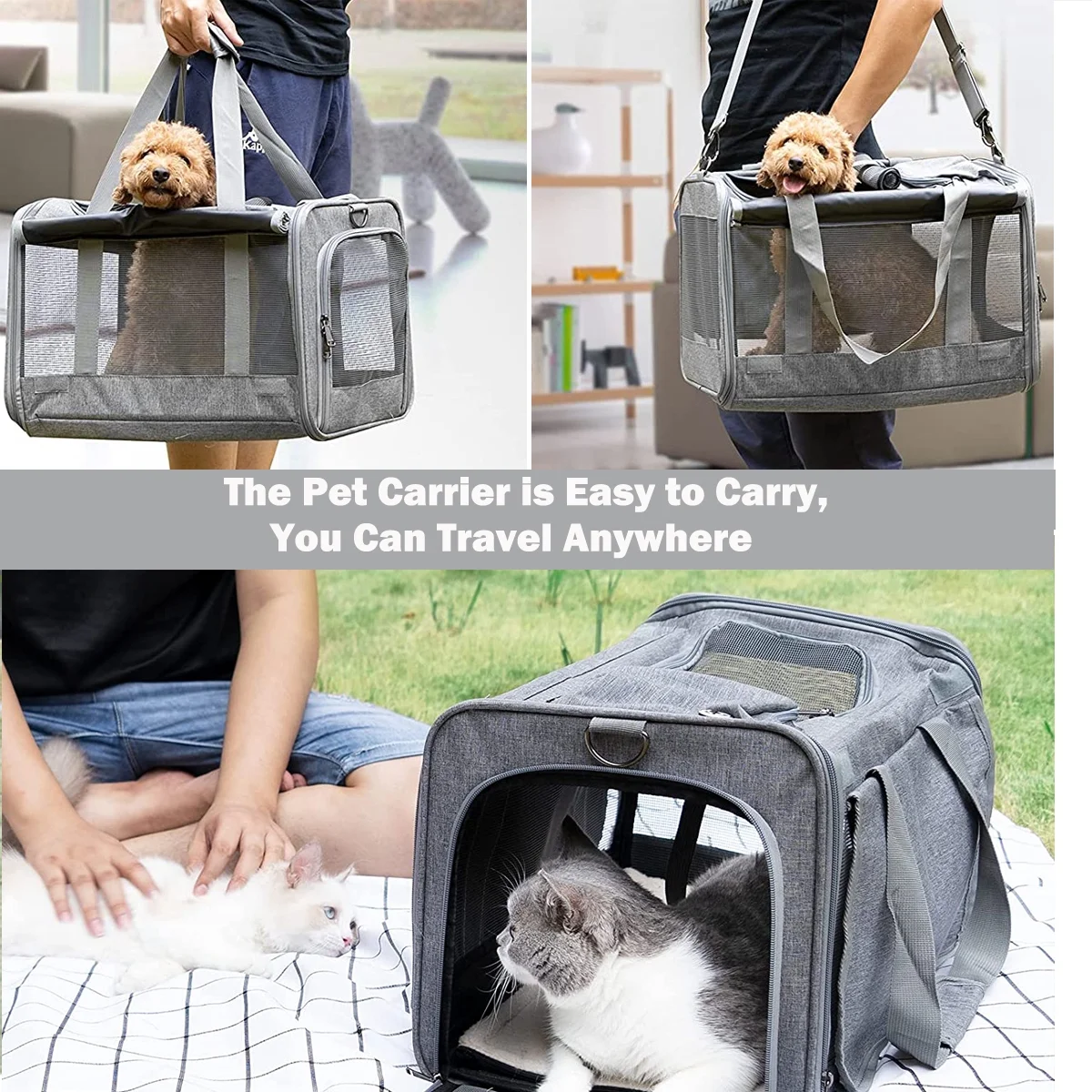 Cat Carrier, Soft Sided Cat Carriers for Large Small Medium Dogs Cats Under 25lbs, Foldable Pet Travel Carrier with a Bowl/Washable Pad, TSA Airline Approved, Blue